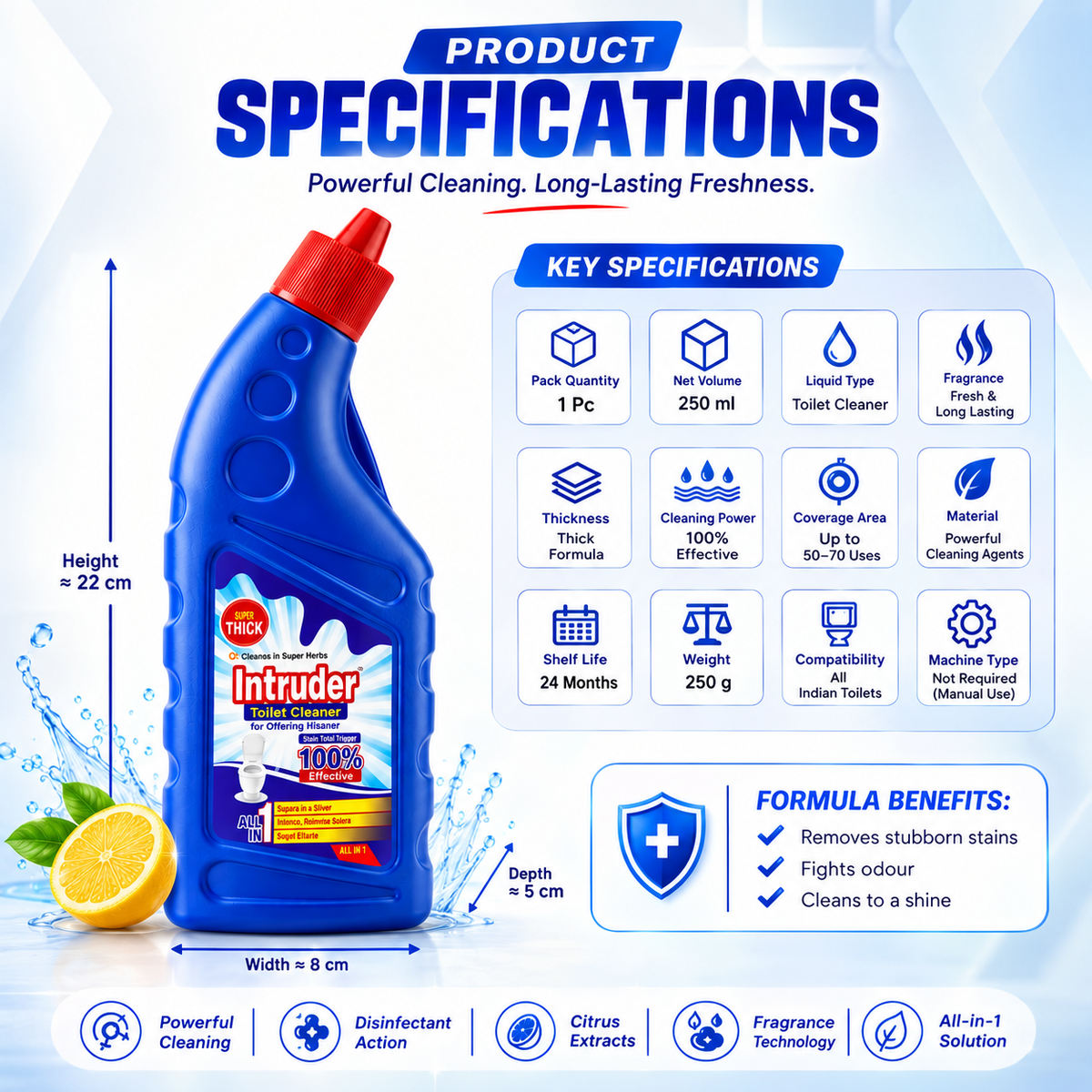 Intruder Toilet Cleaner | For Glittering Homes | Removes Stubborn Stains | Fights Odour | Cleans to a Shine | All-in-1 Toilet Cleaner | 250ml, 500ml & 1L