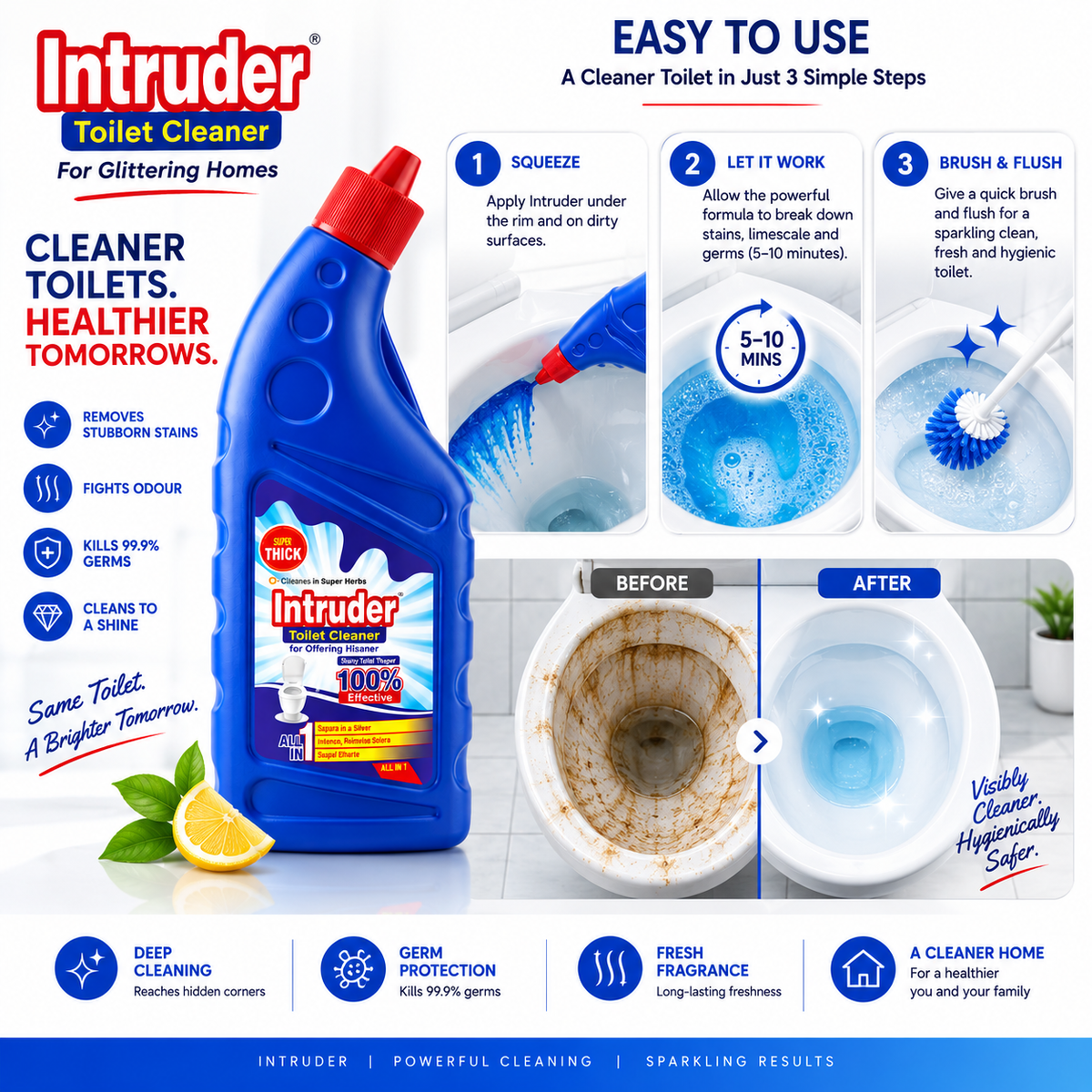 Intruder Toilet Cleaner | For Glittering Homes | Removes Stubborn Stains | Fights Odour | Cleans to a Shine | All-in-1 Toilet Cleaner | 250ml, 500ml & 1L