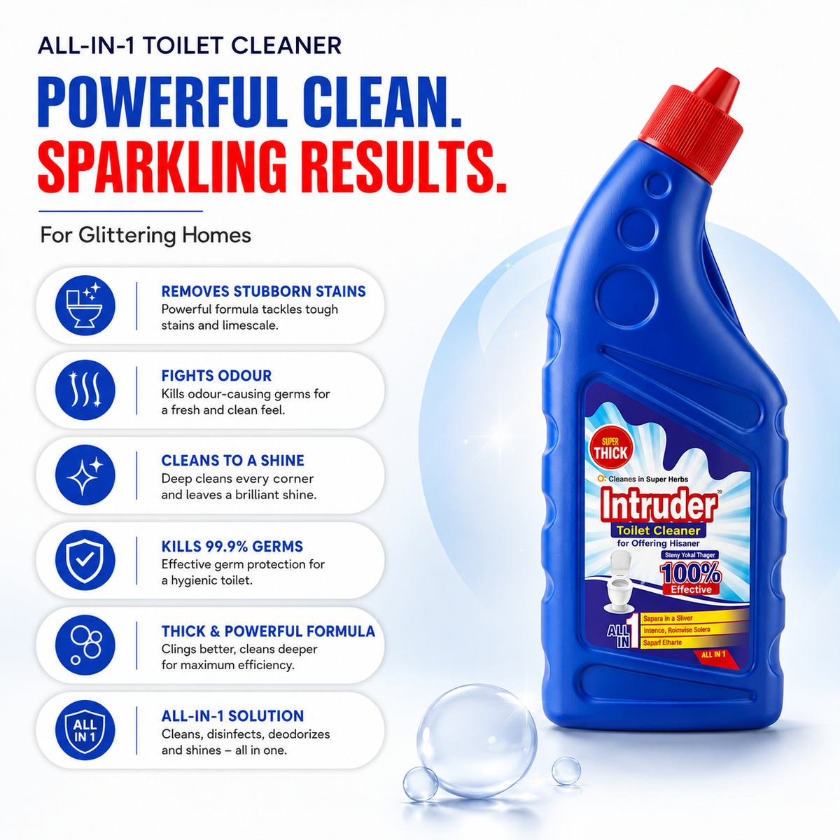 Intruder Toilet Cleaner | For Glittering Homes | Removes Stubborn Stains | Fights Odour | Cleans to a Shine | All-in-1 Toilet Cleaner | 250ml, 500ml & 1L
