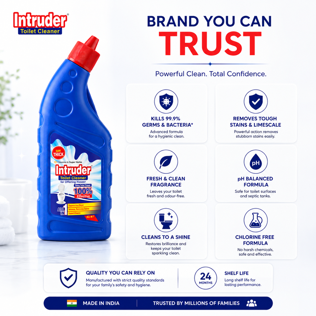 Intruder Toilet Cleaner | For Glittering Homes | Removes Stubborn Stains | Fights Odour | Cleans to a Shine | All-in-1 Toilet Cleaner | 250ml, 500ml & 1L