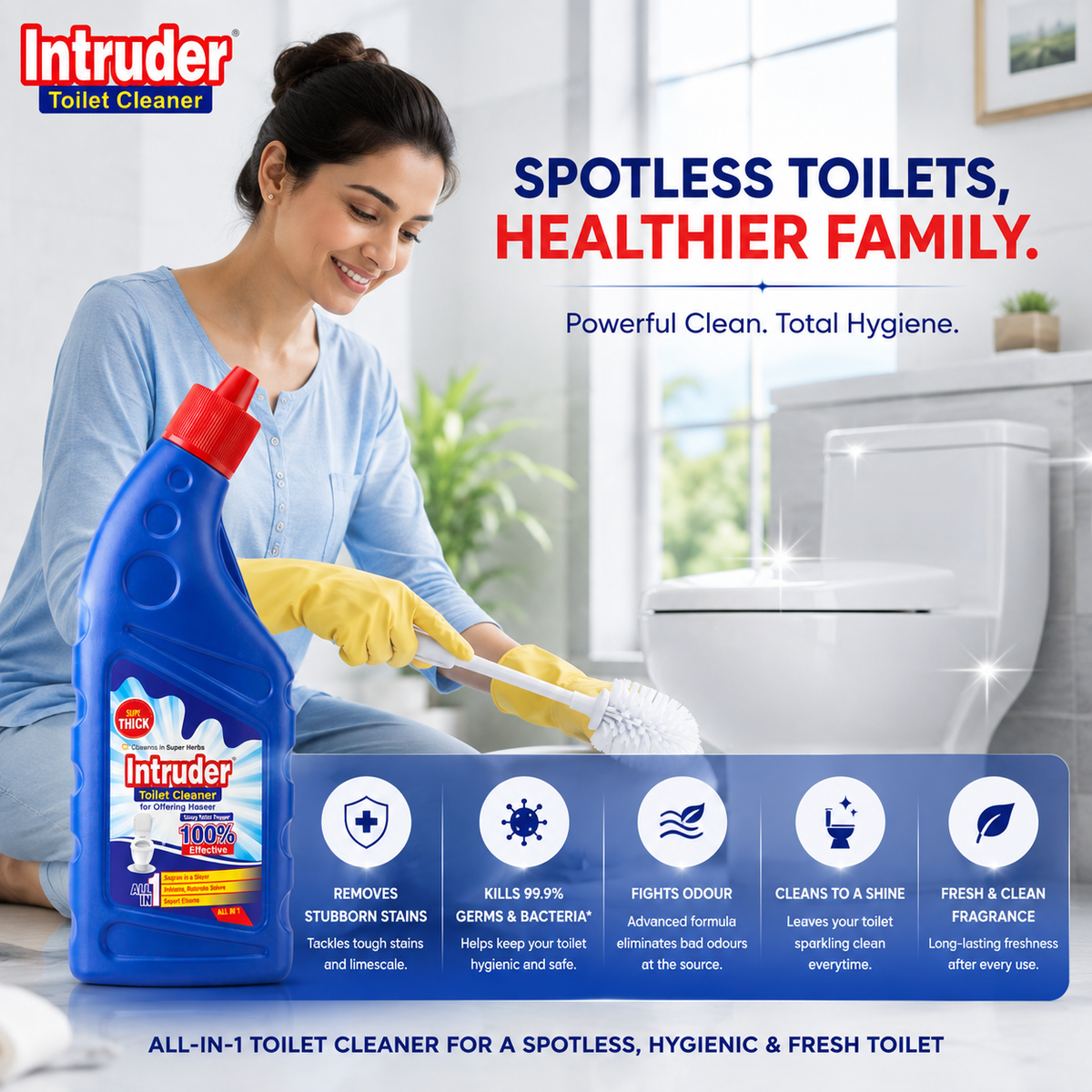 Intruder Toilet Cleaner | For Glittering Homes | Removes Stubborn Stains | Fights Odour | Cleans to a Shine | All-in-1 Toilet Cleaner | 250ml, 500ml & 1L