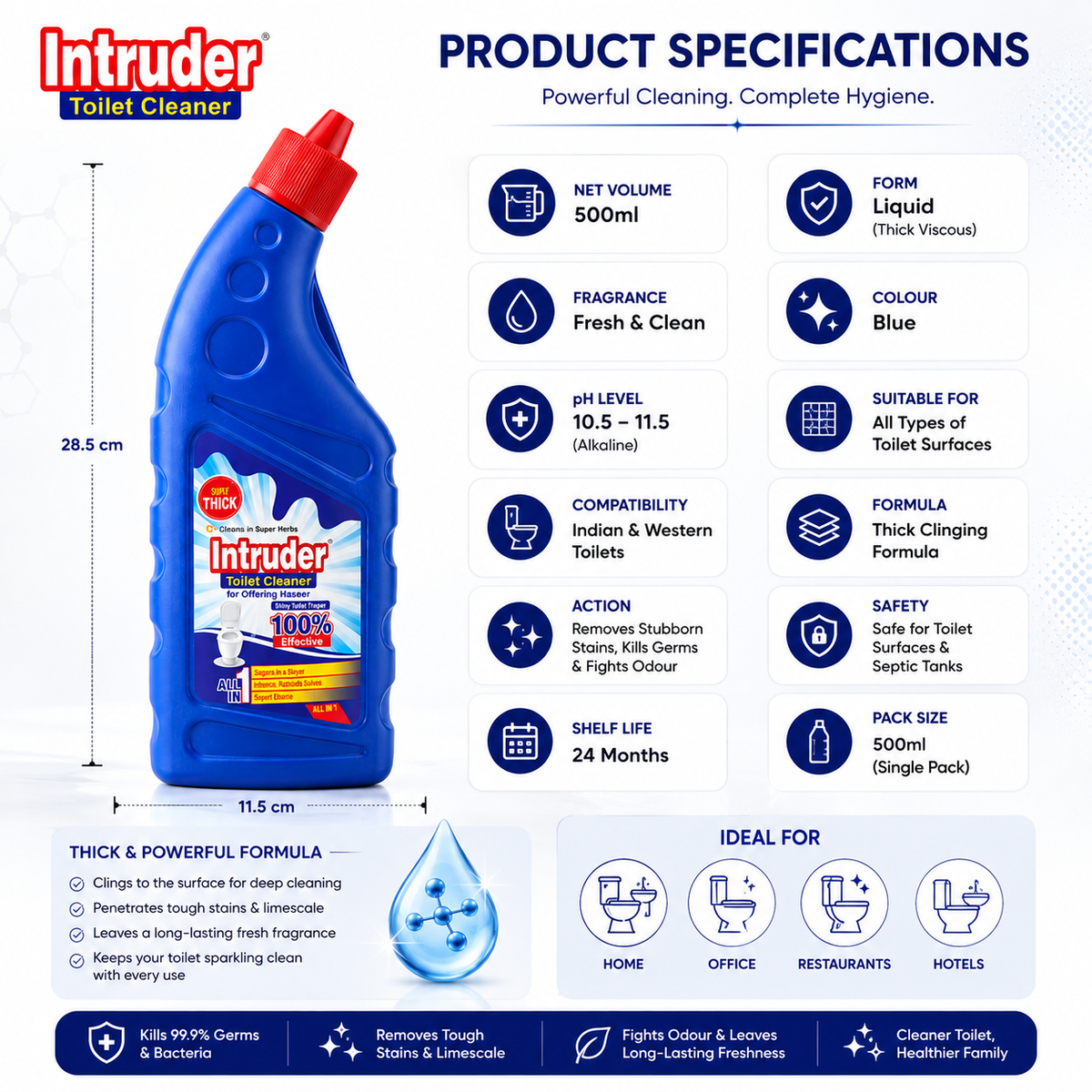 Intruder Toilet Cleaner | For Glittering Homes | Removes Stubborn Stains | Fights Odour | Cleans to a Shine | All-in-1 Toilet Cleaner | 250ml, 500ml & 1L