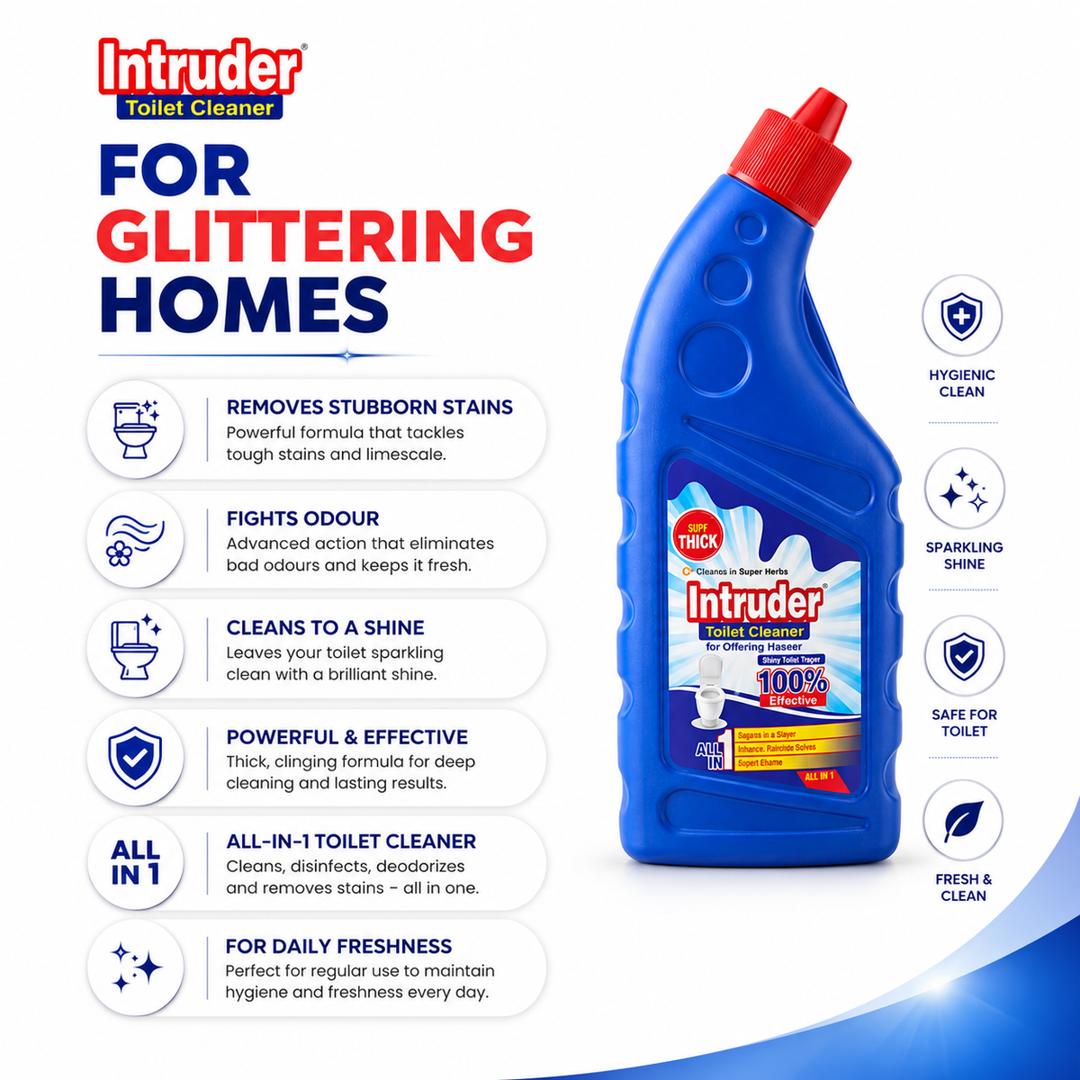Intruder Toilet Cleaner | For Glittering Homes | Removes Stubborn Stains | Fights Odour | Cleans to a Shine | All-in-1 Toilet Cleaner | 250ml, 500ml & 1L