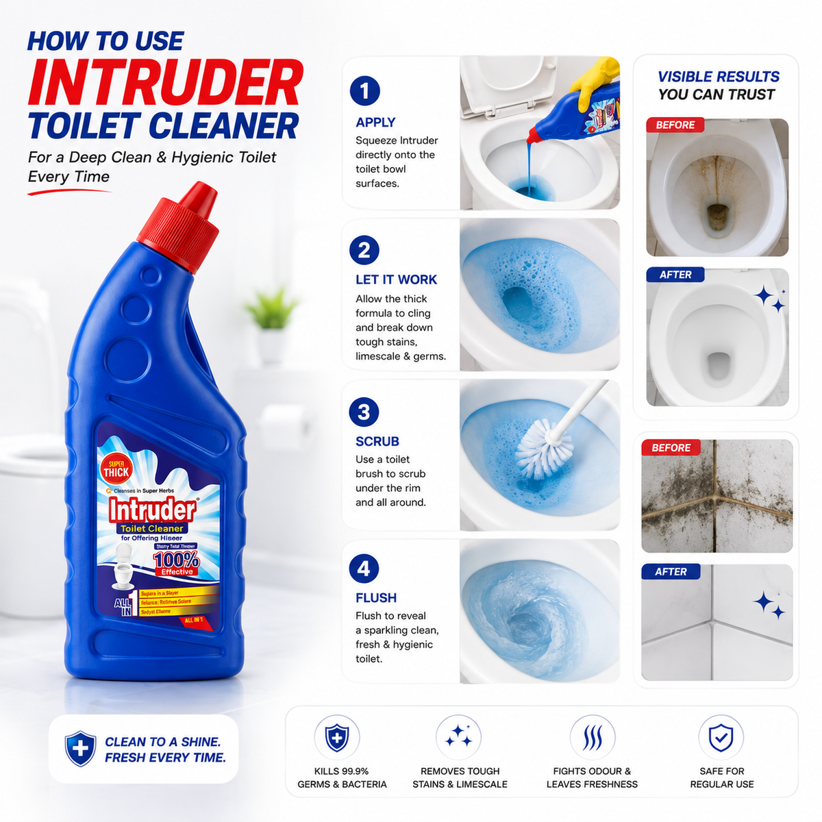 Intruder Toilet Cleaner | For Glittering Homes | Removes Stubborn Stains | Fights Odour | Cleans to a Shine | All-in-1 Toilet Cleaner | 250ml, 500ml & 1L