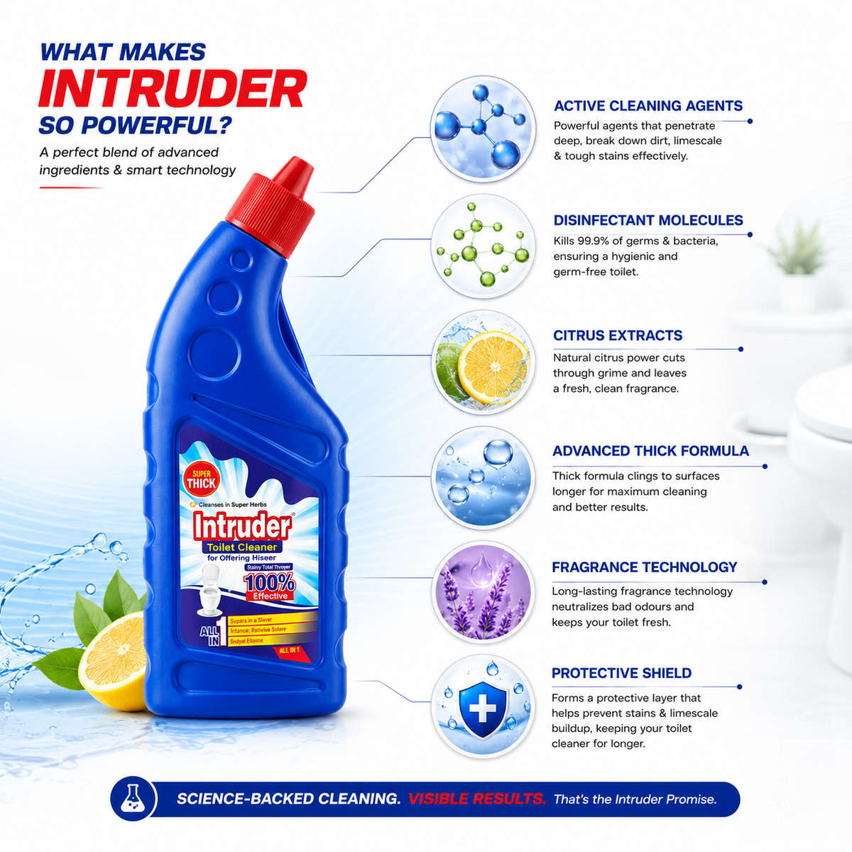 Intruder Toilet Cleaner | For Glittering Homes | Removes Stubborn Stains | Fights Odour | Cleans to a Shine | All-in-1 Toilet Cleaner | 250ml, 500ml & 1L