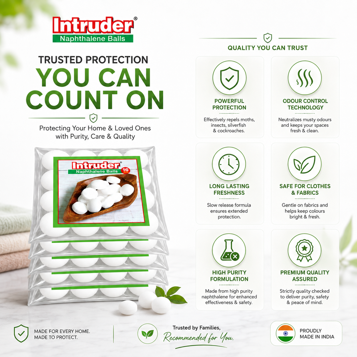 Intruder Naphthalene Balls Super Power Premium Snow White | Moth, Insect & Cockroach Repellent | Odour Control | For Wardrobes, Cupboards & Storage Spaces | 500g & 1kg