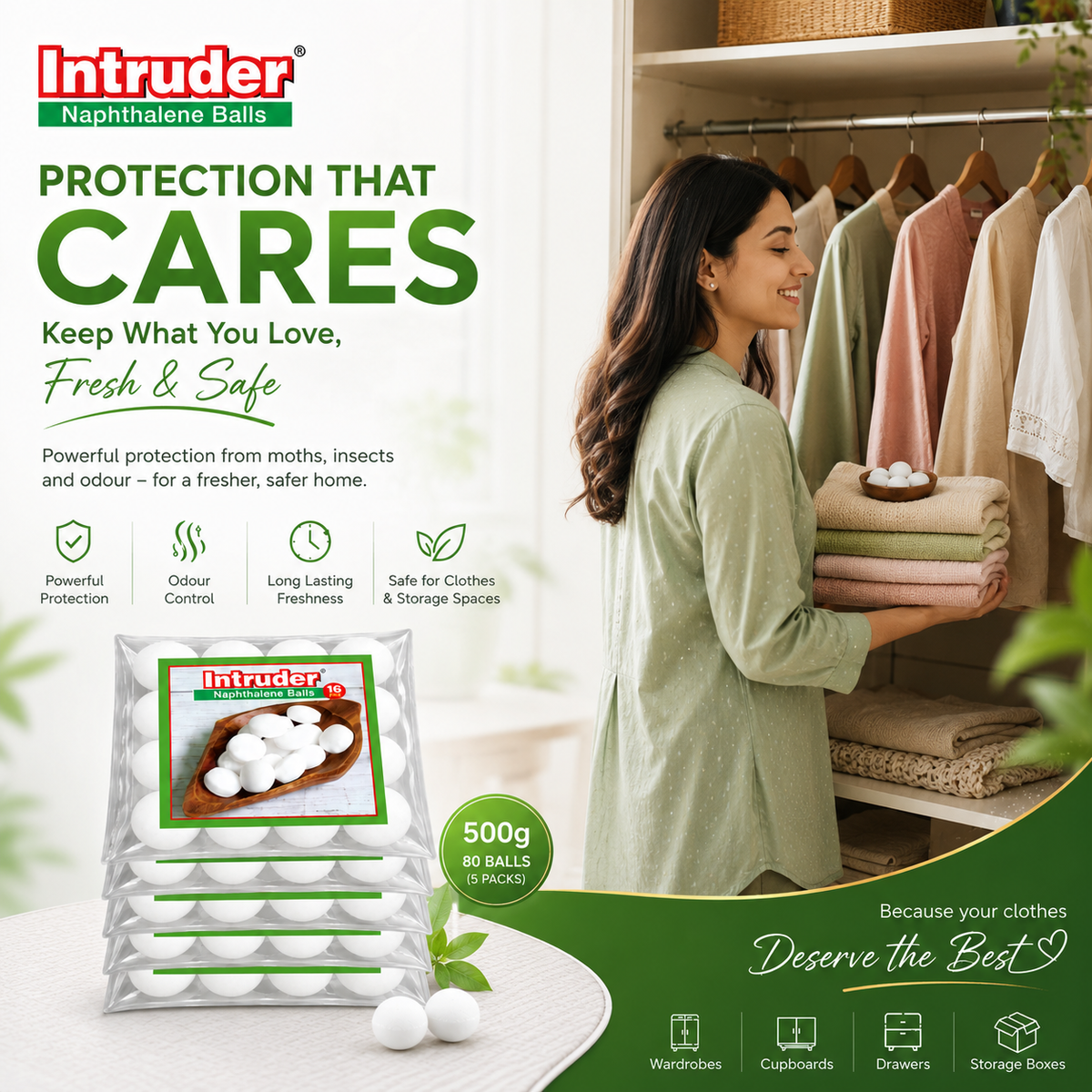 Intruder Naphthalene Balls Super Power Premium Snow White | Moth, Insect & Cockroach Repellent | Odour Control | For Wardrobes, Cupboards & Storage Spaces | 500g & 1kg