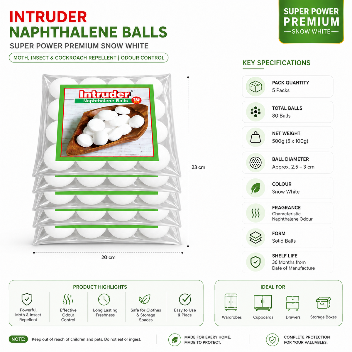 Intruder Naphthalene Balls Super Power Premium Snow White | Moth, Insect & Cockroach Repellent | Odour Control | For Wardrobes, Cupboards & Storage Spaces | 500g & 1kg