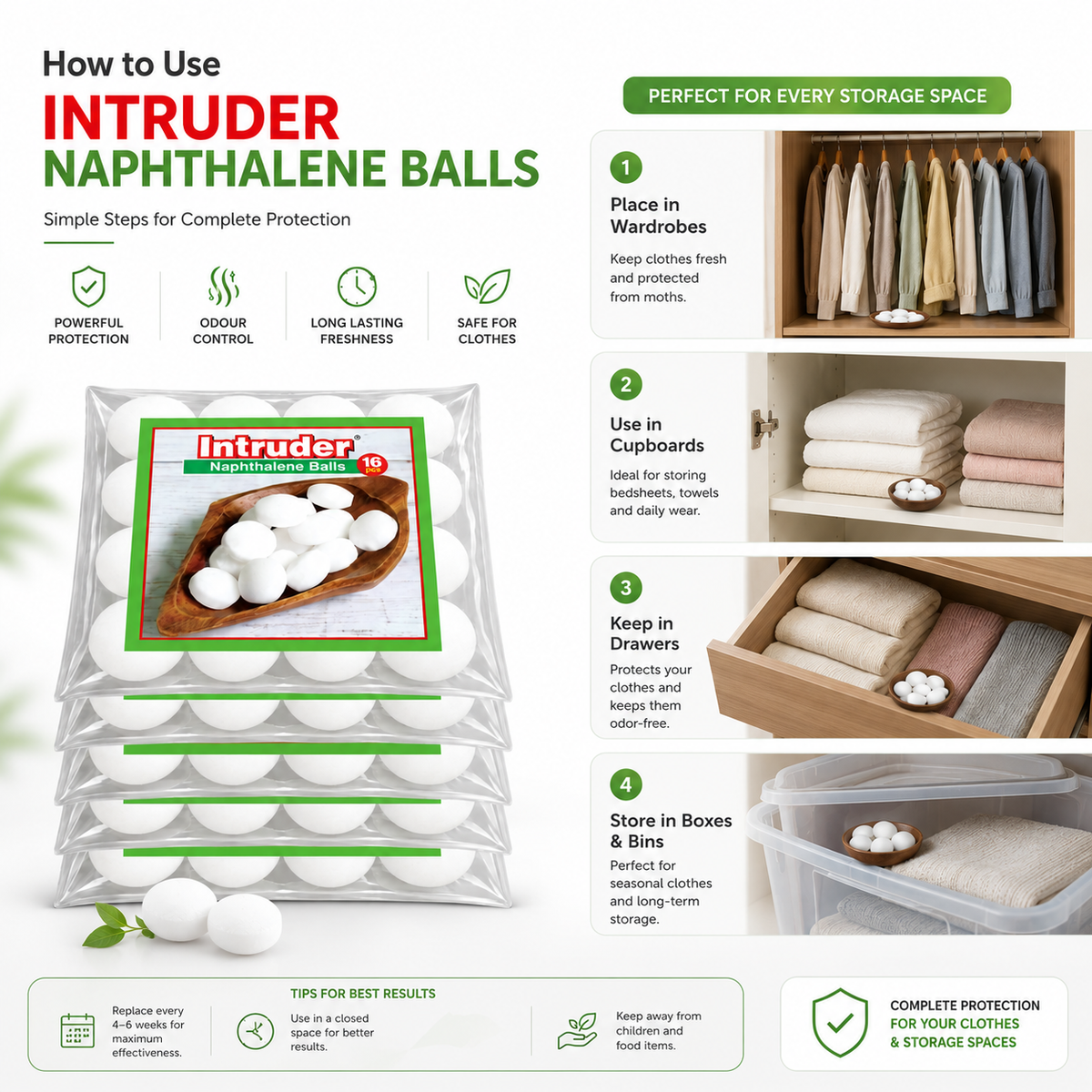 Intruder Naphthalene Balls Super Power Premium Snow White | Moth, Insect & Cockroach Repellent | Odour Control | For Wardrobes, Cupboards & Storage Spaces | 500g & 1kg