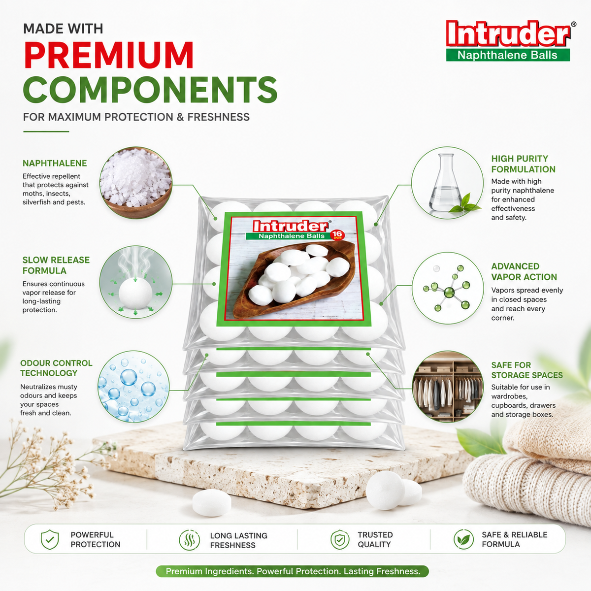 Intruder Naphthalene Balls Super Power Premium Snow White | Moth, Insect & Cockroach Repellent | Odour Control | For Wardrobes, Cupboards & Storage Spaces | 500g & 1kg