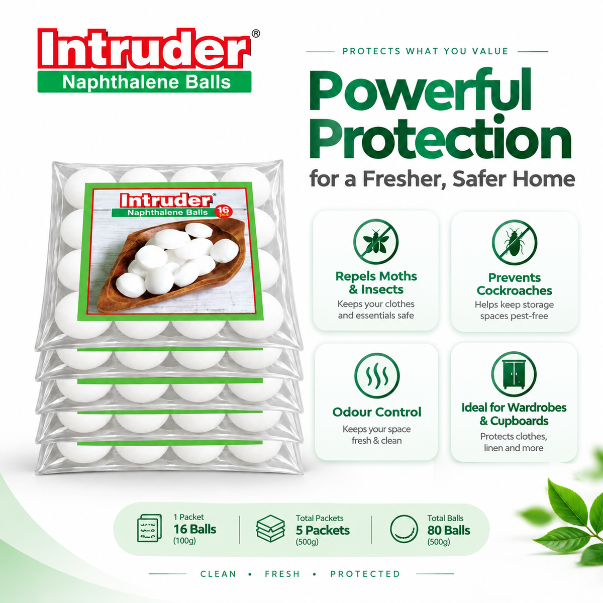Intruder Naphthalene Balls Super Power Premium Snow White | Moth, Insect & Cockroach Repellent | Odour Control | For Wardrobes, Cupboards & Storage Spaces | 500g & 1kg