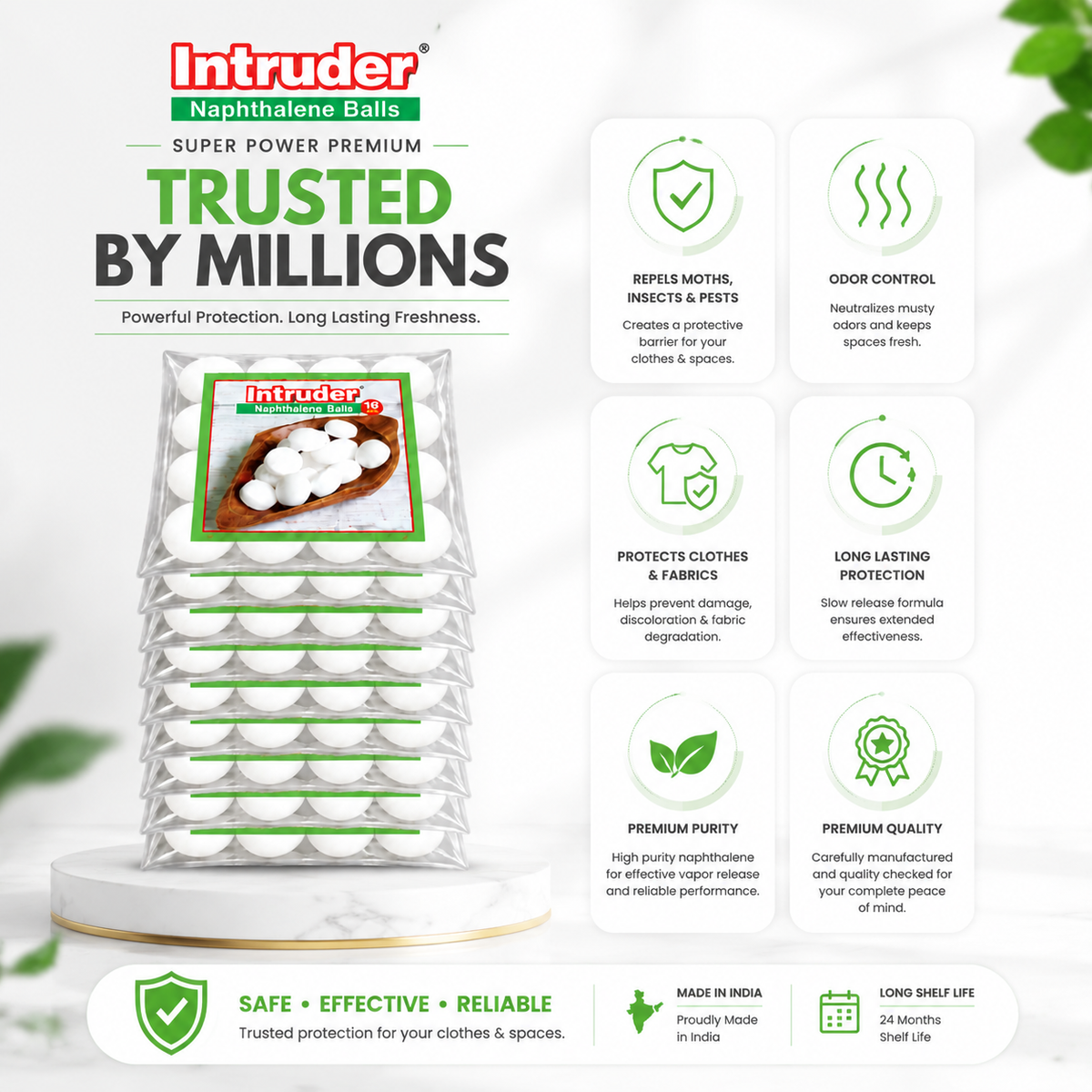 Intruder Naphthalene Balls Super Power Premium Snow White | Moth, Insect & Cockroach Repellent | Odour Control | For Wardrobes, Cupboards & Storage Spaces | 500g & 1kg