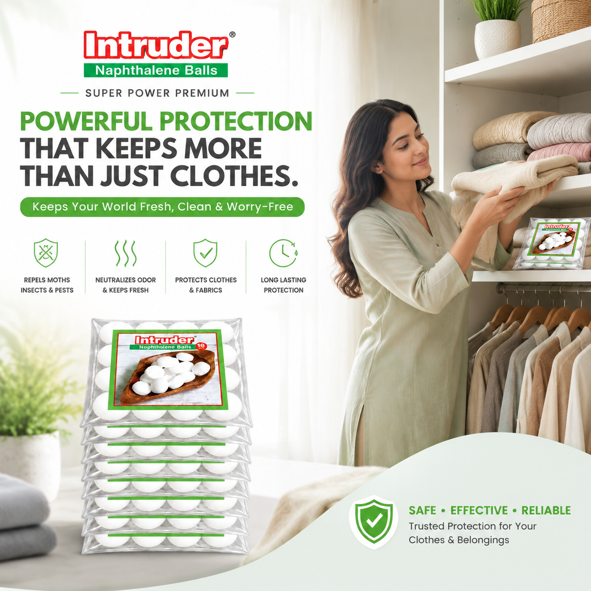 Intruder Naphthalene Balls Super Power Premium Snow White | Moth, Insect & Cockroach Repellent | Odour Control | For Wardrobes, Cupboards & Storage Spaces | 500g & 1kg