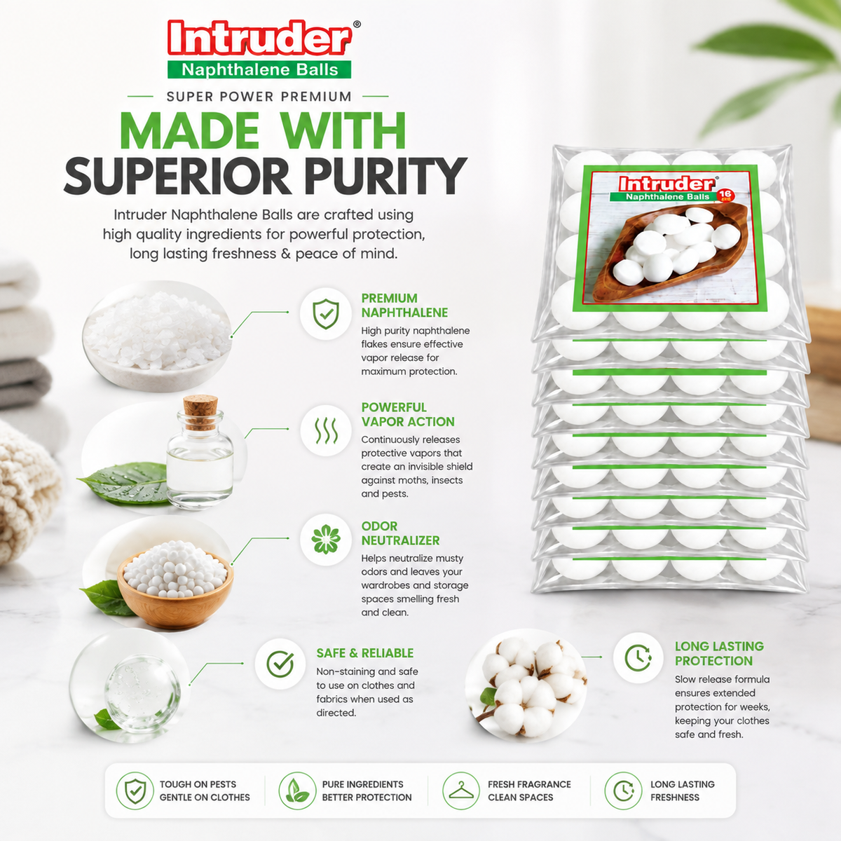Intruder Naphthalene Balls Super Power Premium Snow White | Moth, Insect & Cockroach Repellent | Odour Control | For Wardrobes, Cupboards & Storage Spaces | 500g & 1kg