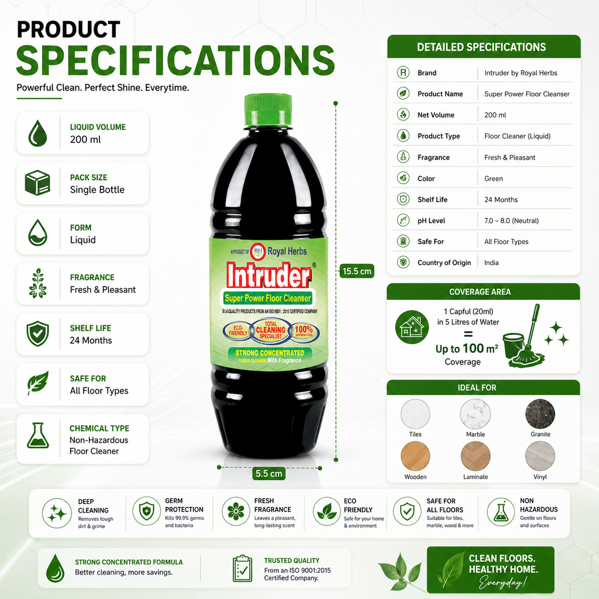 Intruder Super Power Floor Cleaner | Strong Concentrated Floor Cleaner with Fragrance | Total Cleaning Specialist | Eco Friendly | 200ml, 500ml, 1L & 5L
