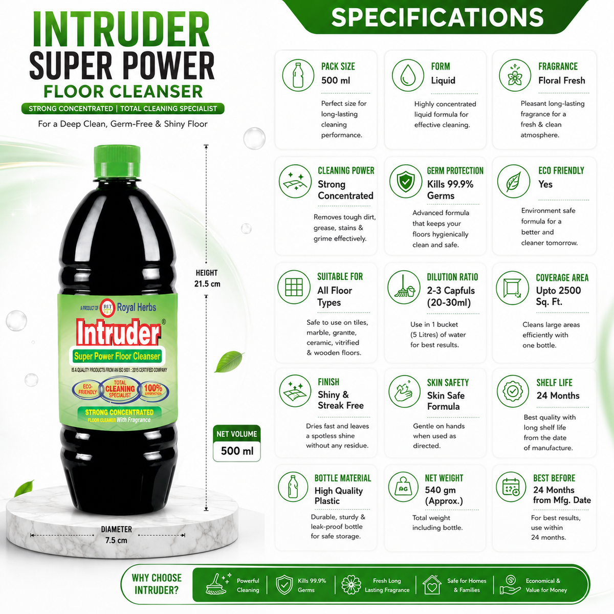 Intruder Super Power Floor Cleaner | Strong Concentrated Floor Cleaner with Fragrance | Total Cleaning Specialist | Eco Friendly | 200ml, 500ml, 1L & 5L