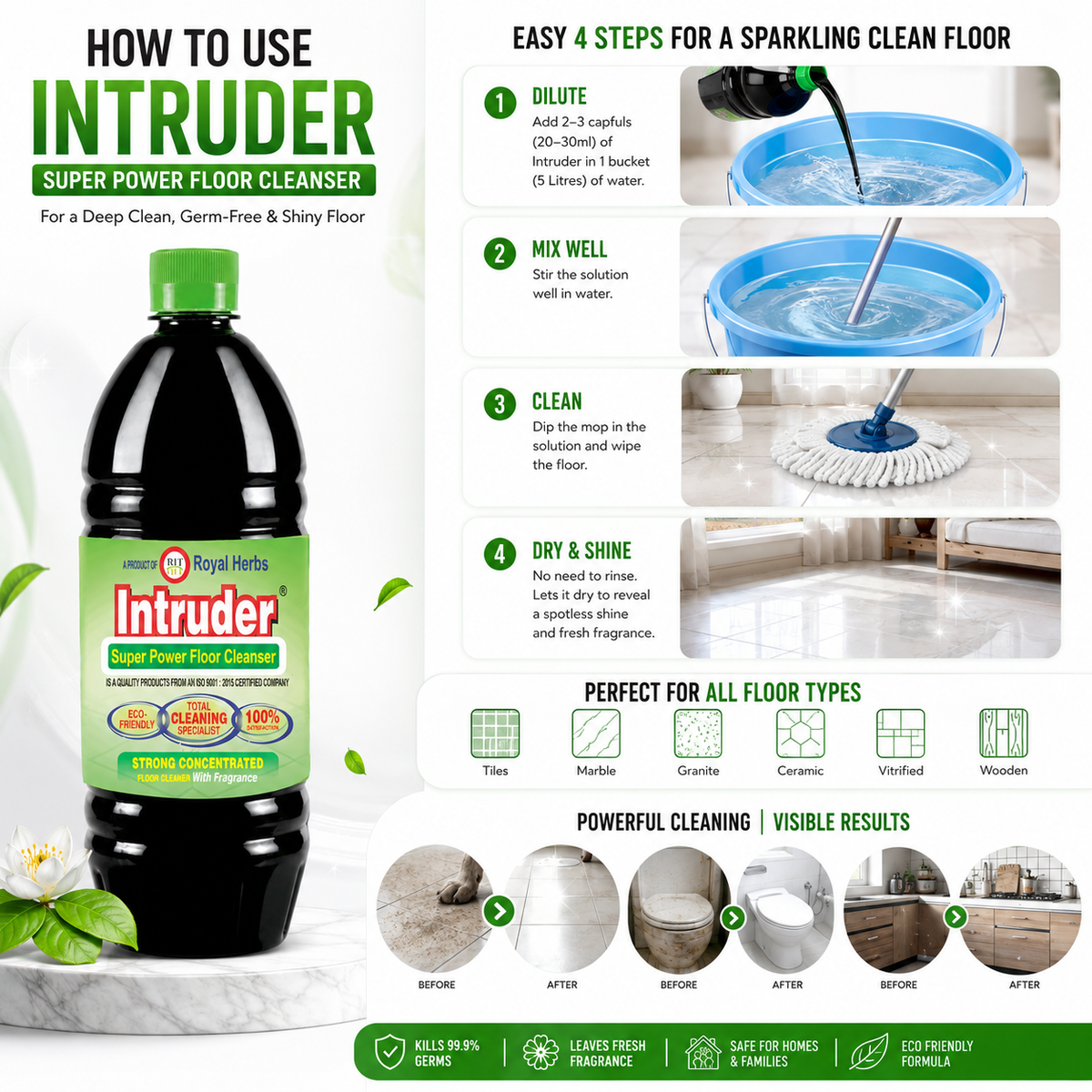 Intruder Super Power Floor Cleaner | Strong Concentrated Floor Cleaner with Fragrance | Total Cleaning Specialist | Eco Friendly | 200ml, 500ml, 1L & 5L