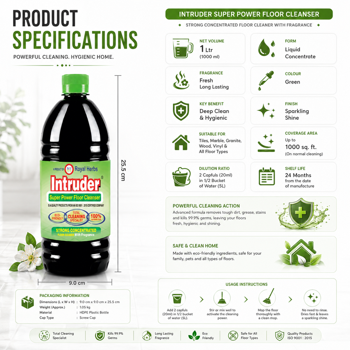Intruder Super Power Floor Cleaner | Strong Concentrated Floor Cleaner with Fragrance | Total Cleaning Specialist | Eco Friendly | 200ml, 500ml, 1L & 5L