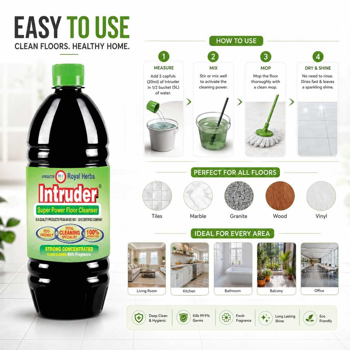 Intruder Super Power Floor Cleaner | Strong Concentrated Floor Cleaner with Fragrance | Total Cleaning Specialist | Eco Friendly | 200ml, 500ml, 1L & 5L