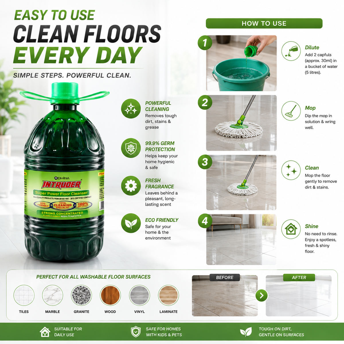 Intruder Super Power Floor Cleaner | Strong Concentrated Floor Cleaner with Fragrance | Total Cleaning Specialist | Eco Friendly | 200ml, 500ml, 1L & 5L