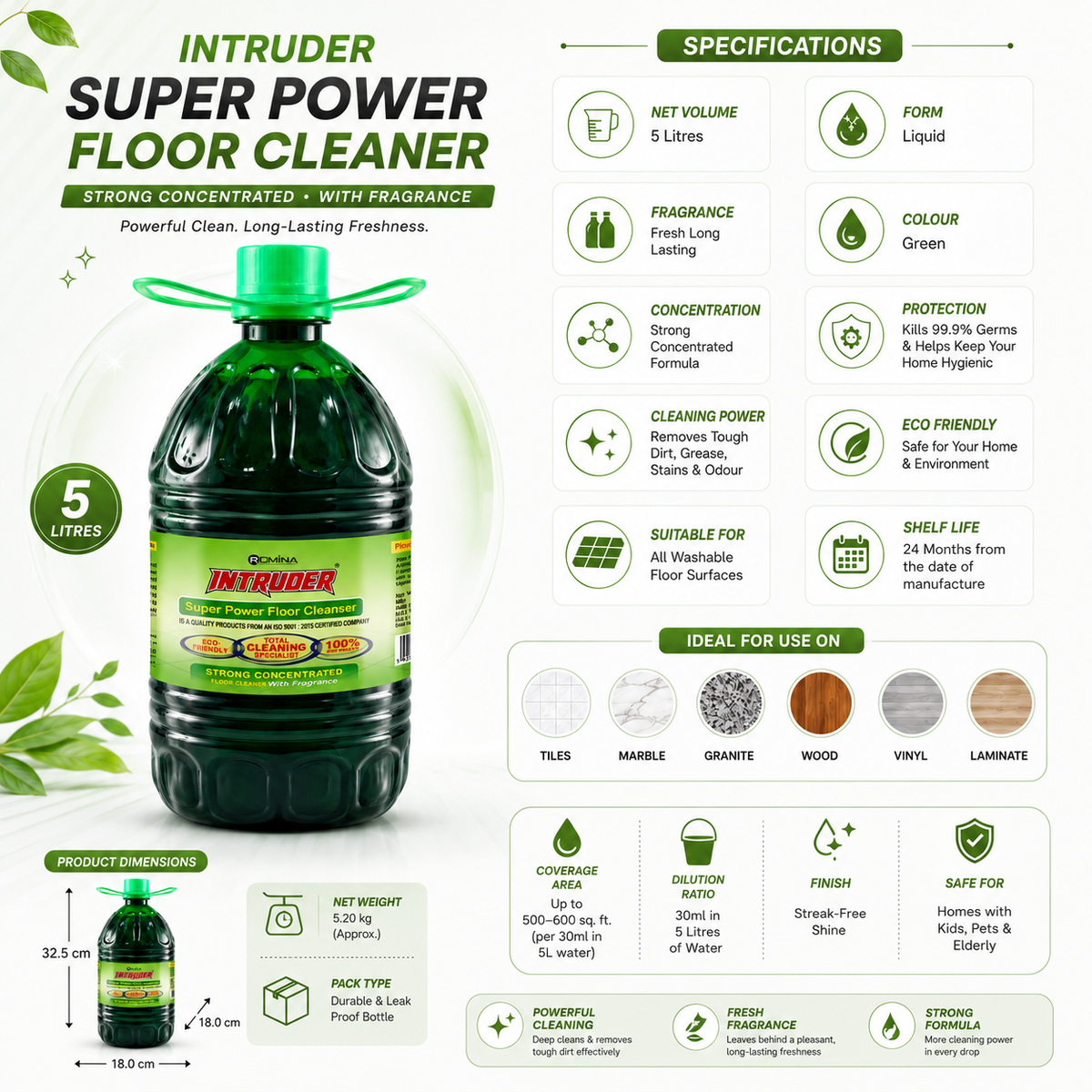 Intruder Super Power Floor Cleaner | Strong Concentrated Floor Cleaner with Fragrance | Total Cleaning Specialist | Eco Friendly | 200ml, 500ml, 1L & 5L
