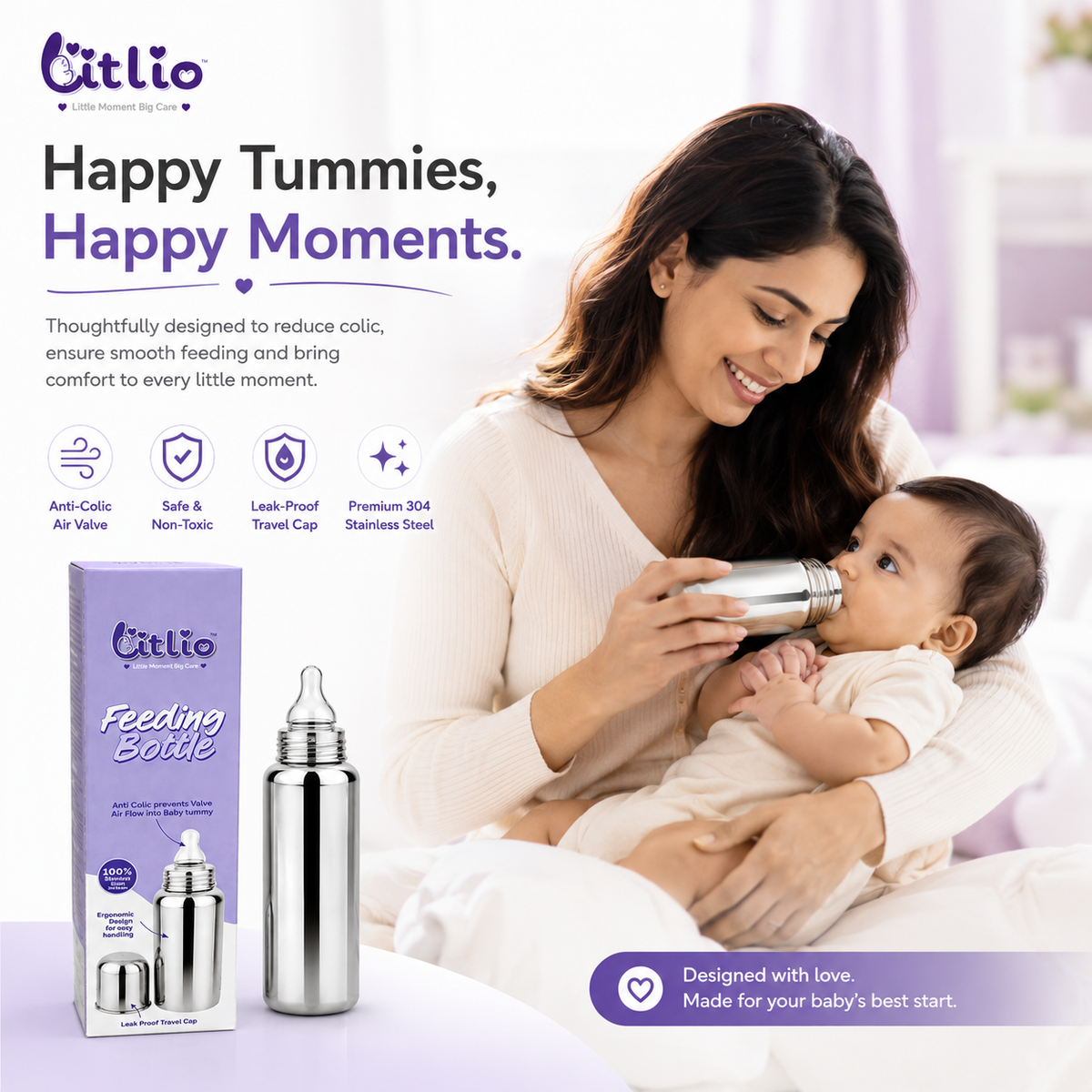 Litlio Stainless Steel Feeding Bottle for Babies | Anti-Colic, BPA-Free, Wide Neck & Leak-Proof Travel Cap | 125ml / 250ml