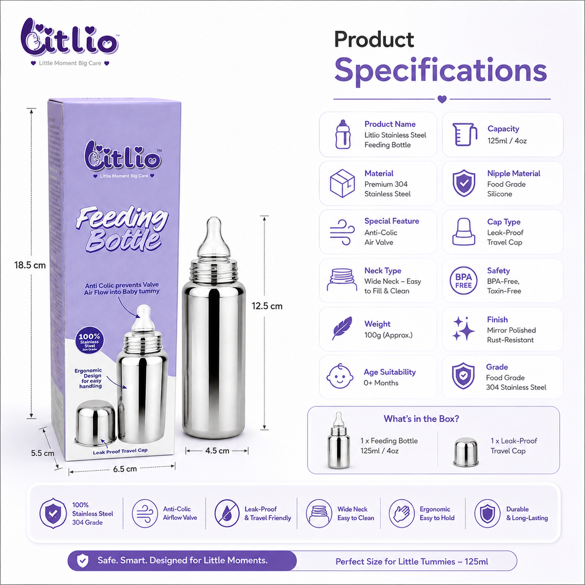 Litlio Stainless Steel Feeding Bottle for Babies | Anti-Colic, BPA-Free, Wide Neck & Leak-Proof Travel Cap | 125ml / 250ml