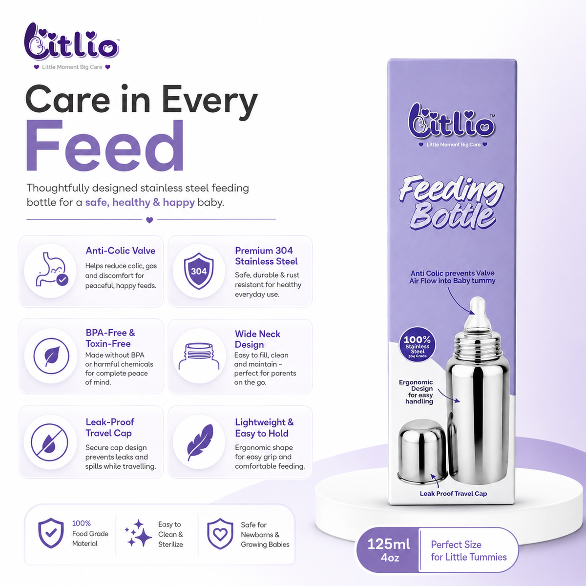 Litlio Stainless Steel Feeding Bottle for Babies | Anti-Colic, BPA-Free, Wide Neck & Leak-Proof Travel Cap | 125ml / 250ml