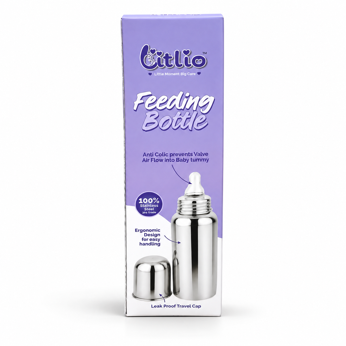 Litlio Stainless Steel Feeding Bottle for Babies | Anti-Colic, BPA-Free, Wide Neck & Leak-Proof Travel Cap | 125ml / 250ml