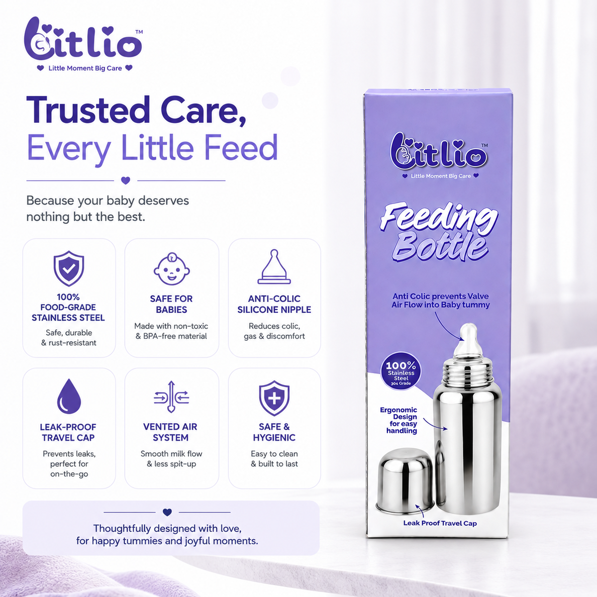 Litlio Stainless Steel Feeding Bottle for Babies | Anti-Colic, BPA-Free, Wide Neck & Leak-Proof Travel Cap | 125ml / 250ml