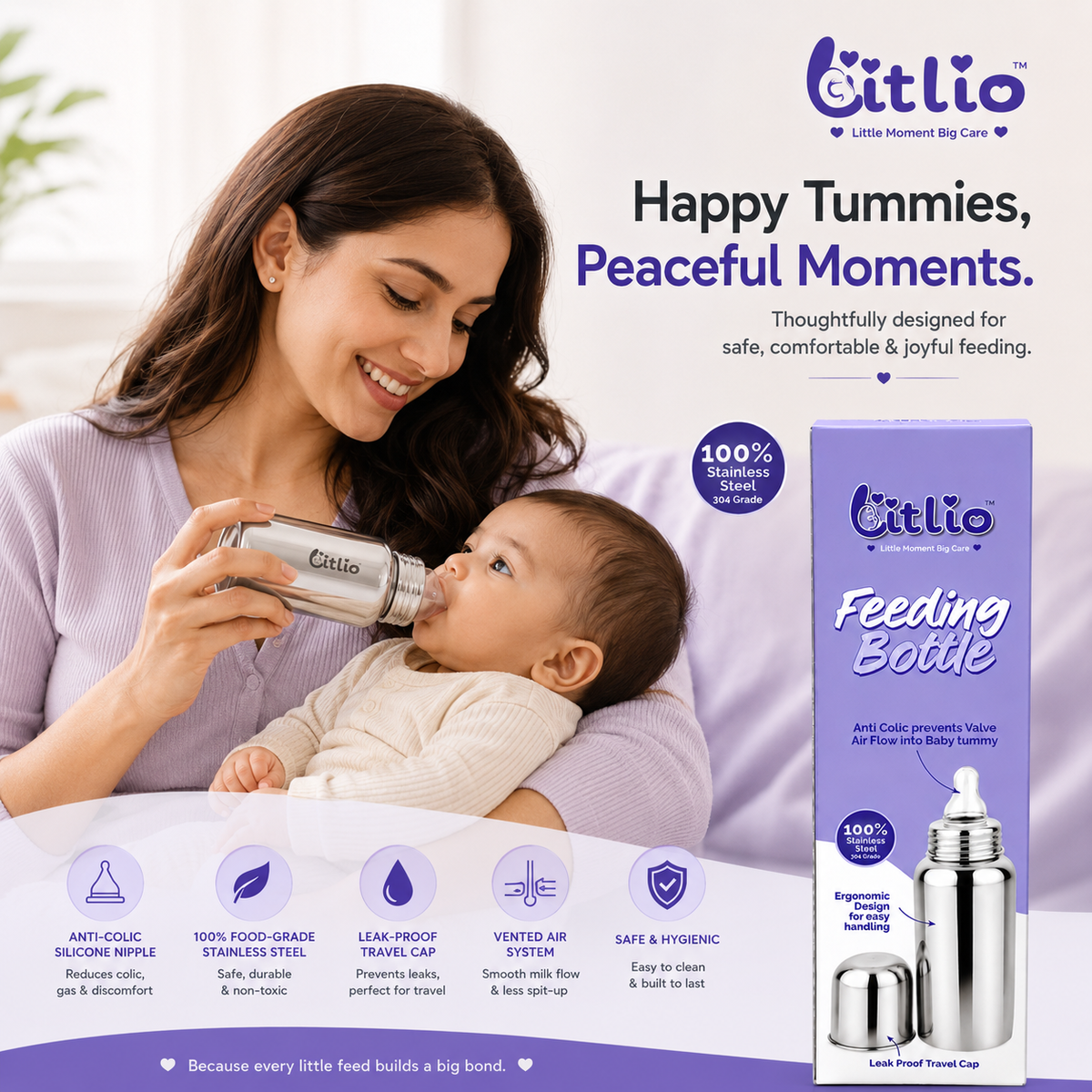 Litlio Stainless Steel Feeding Bottle for Babies | Anti-Colic, BPA-Free, Wide Neck & Leak-Proof Travel Cap | 125ml / 250ml
