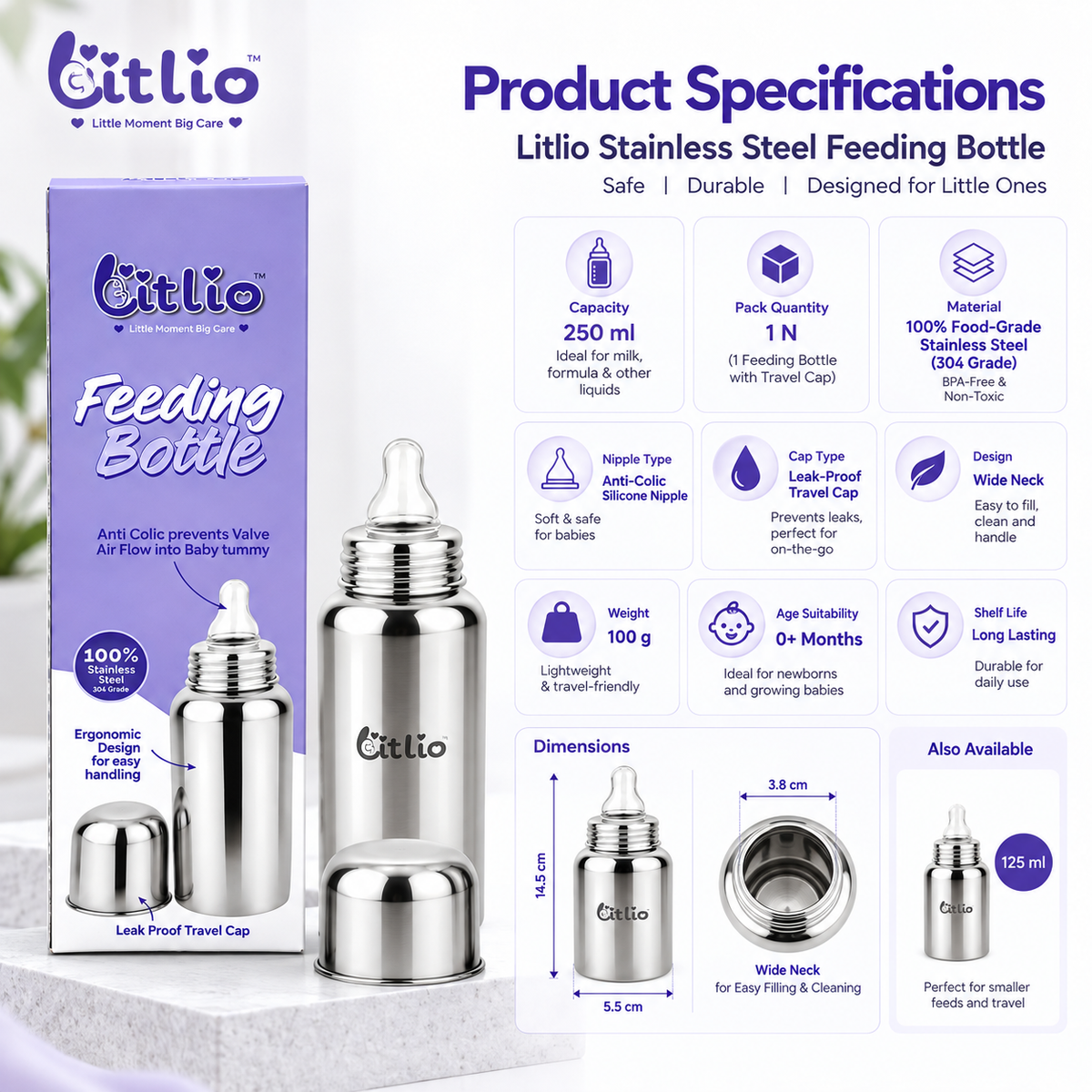 Litlio Stainless Steel Feeding Bottle for Babies | Anti-Colic, BPA-Free, Wide Neck & Leak-Proof Travel Cap | 125ml / 250ml