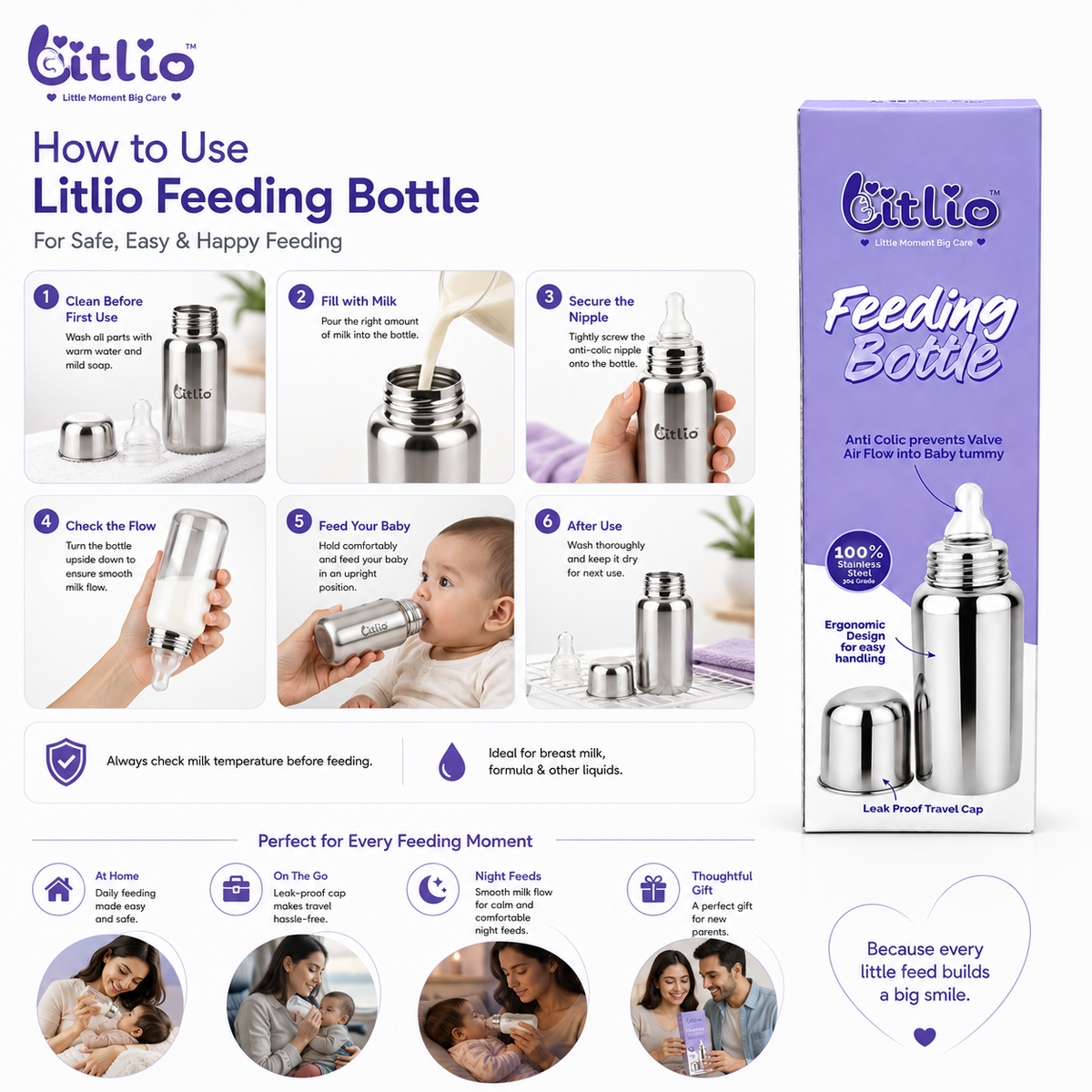 Litlio Stainless Steel Feeding Bottle for Babies | Anti-Colic, BPA-Free, Wide Neck & Leak-Proof Travel Cap | 125ml / 250ml