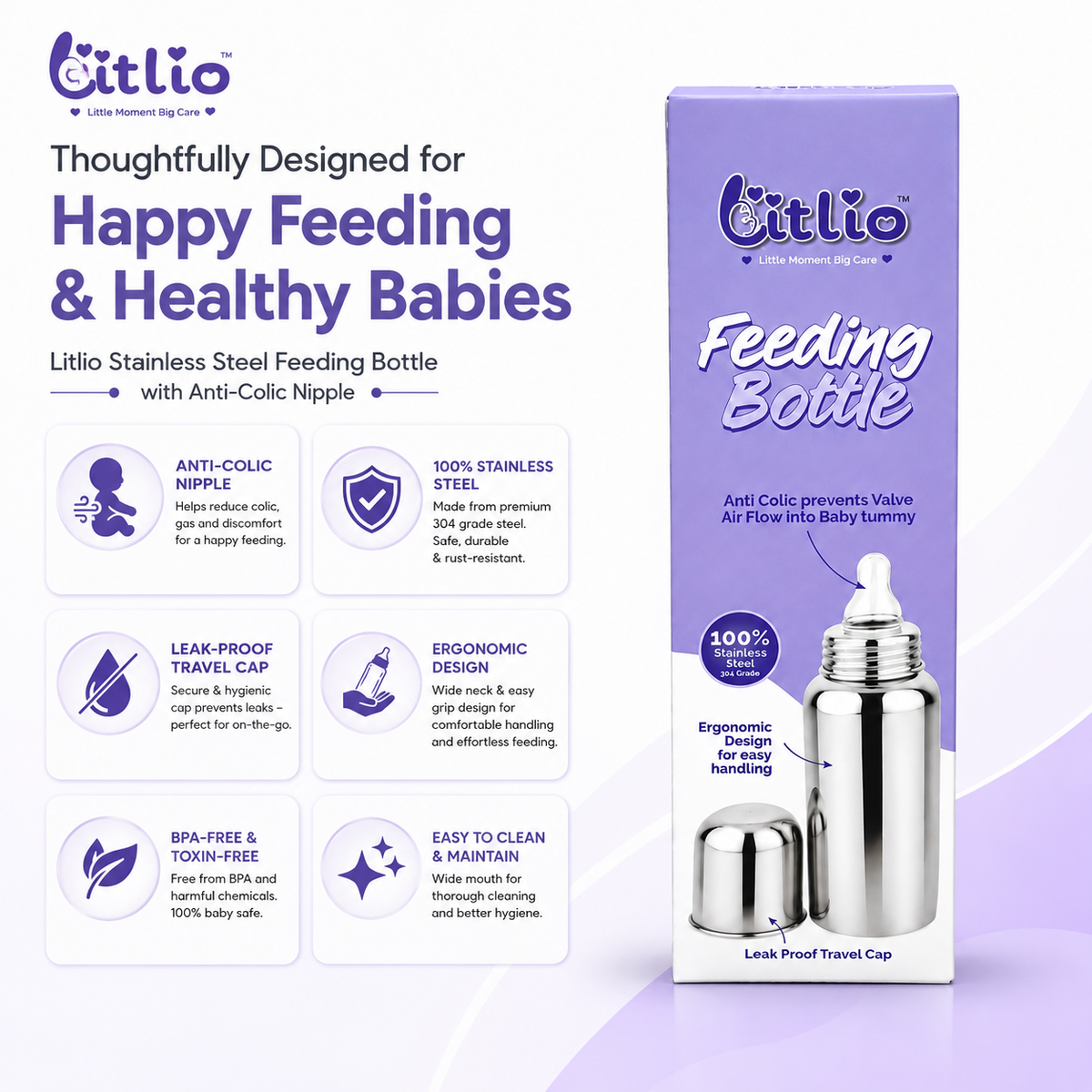 Litlio Stainless Steel Feeding Bottle for Babies | Anti-Colic, BPA-Free, Wide Neck & Leak-Proof Travel Cap | 125ml / 250ml
