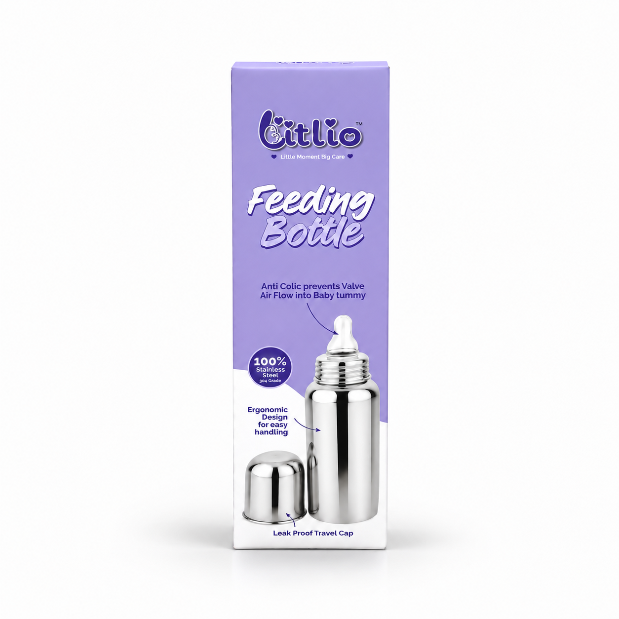 Litlio Stainless Steel Feeding Bottle for Babies | Anti-Colic, BPA-Free, Wide Neck & Leak-Proof Travel Cap | 125ml / 250ml