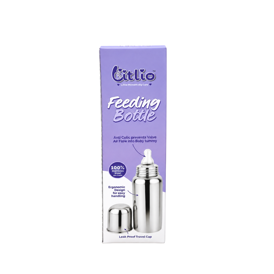 Litlio Stainless Steel Feeding Bottle for Babies | Anti-Colic, BPA-Free, Wide Neck & Leak-Proof Travel Cap | 125ml / 250ml