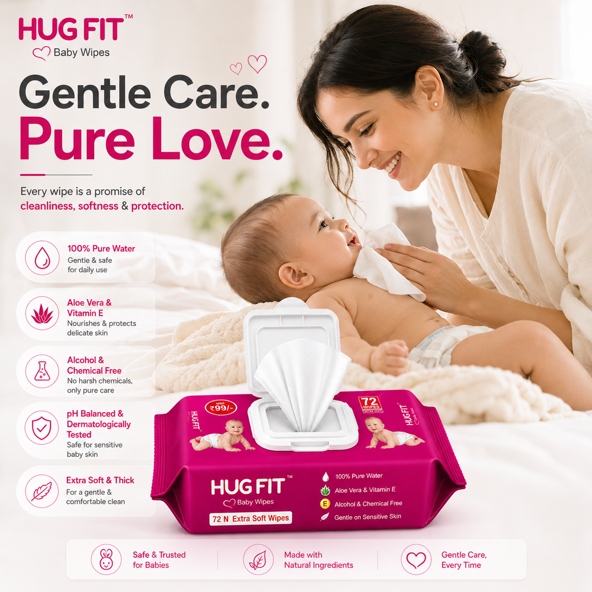 Hugfit Baby Wipes | Moisturizing & Nourishes Baby Skin | 100% Natural & Alcohol Free | Extra Soft & Thick | Aloe Vera & Vitamin E | 72 Wipes