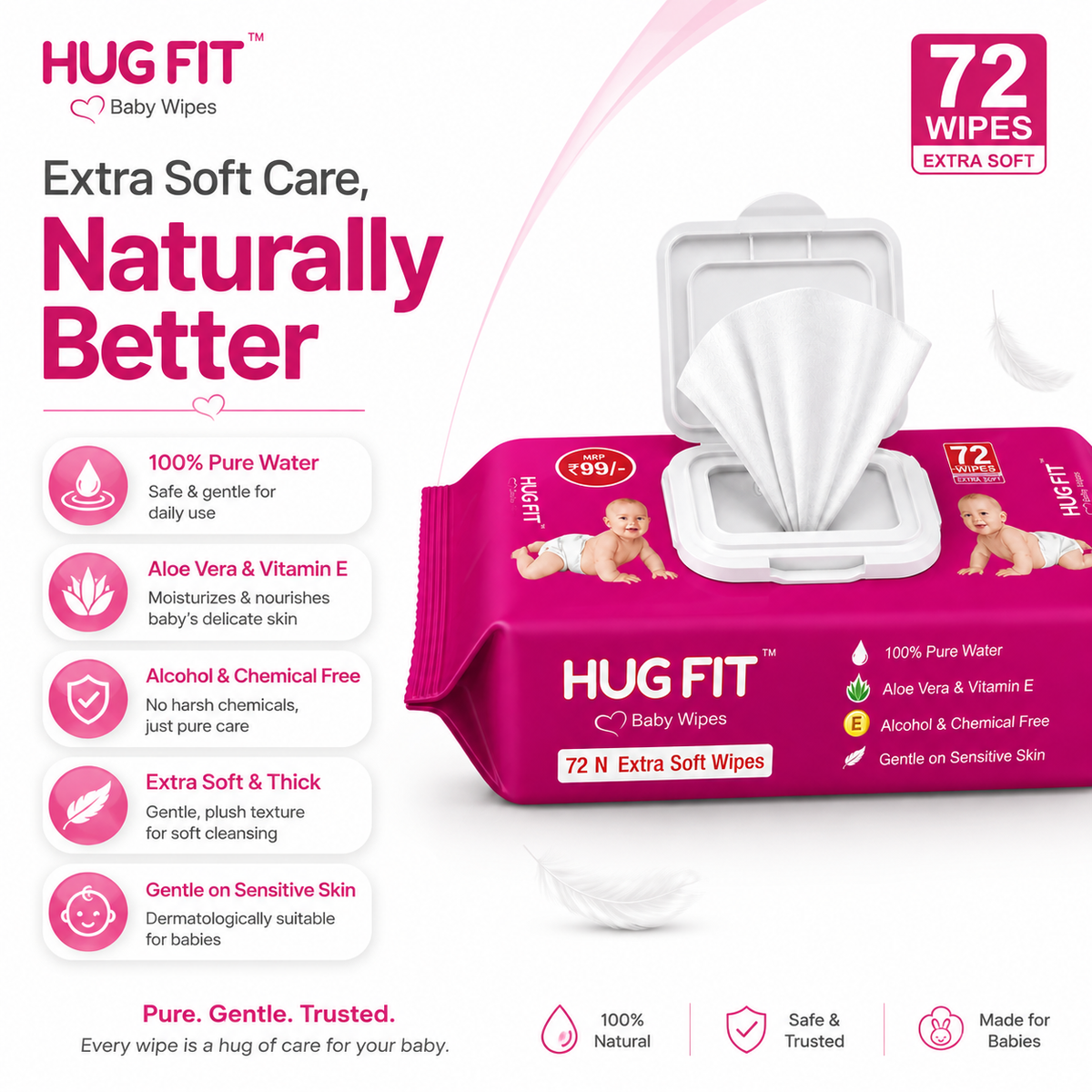 Hugfit Baby Wipes | Moisturizing & Nourishes Baby Skin | 100% Natural & Alcohol Free | Extra Soft & Thick | Aloe Vera & Vitamin E | 72 Wipes