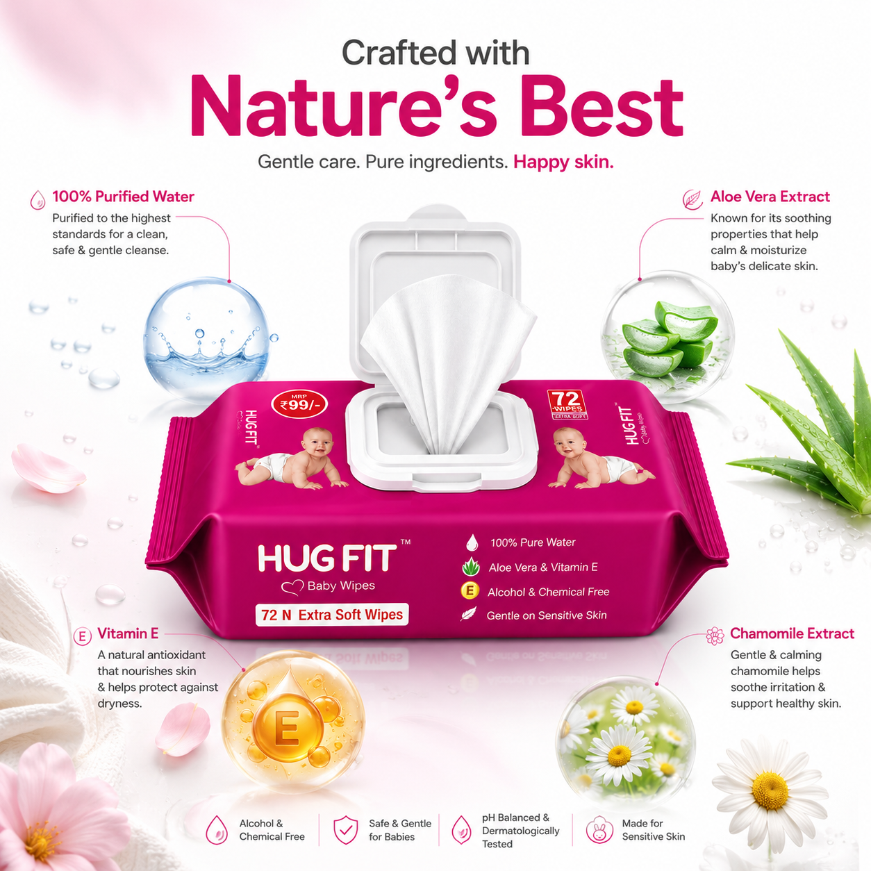 Hugfit Baby Wipes | Moisturizing & Nourishes Baby Skin | 100% Natural & Alcohol Free | Extra Soft & Thick | Aloe Vera & Vitamin E | 72 Wipes