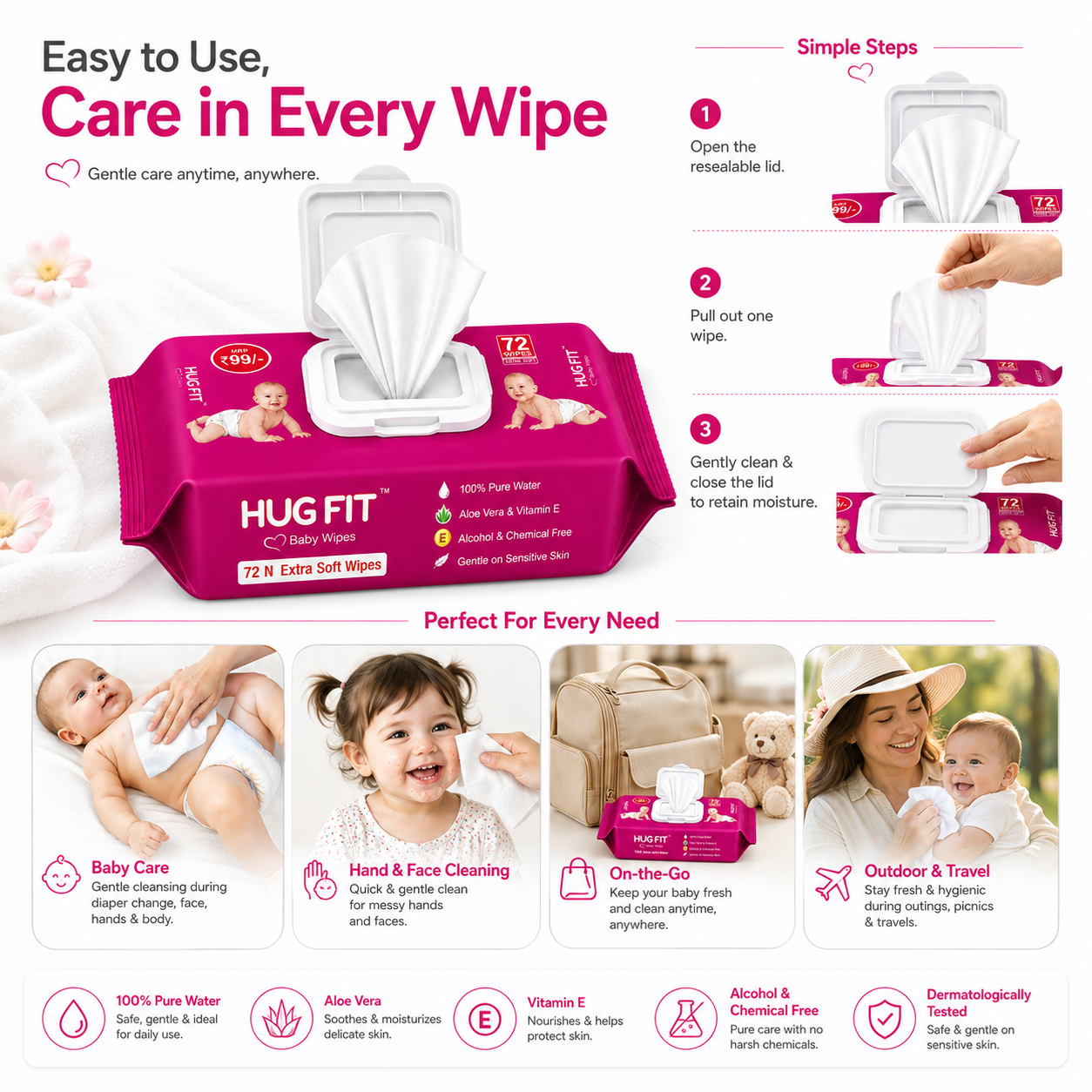 Hugfit Baby Wipes | Moisturizing & Nourishes Baby Skin | 100% Natural & Alcohol Free | Extra Soft & Thick | Aloe Vera & Vitamin E | 72 Wipes