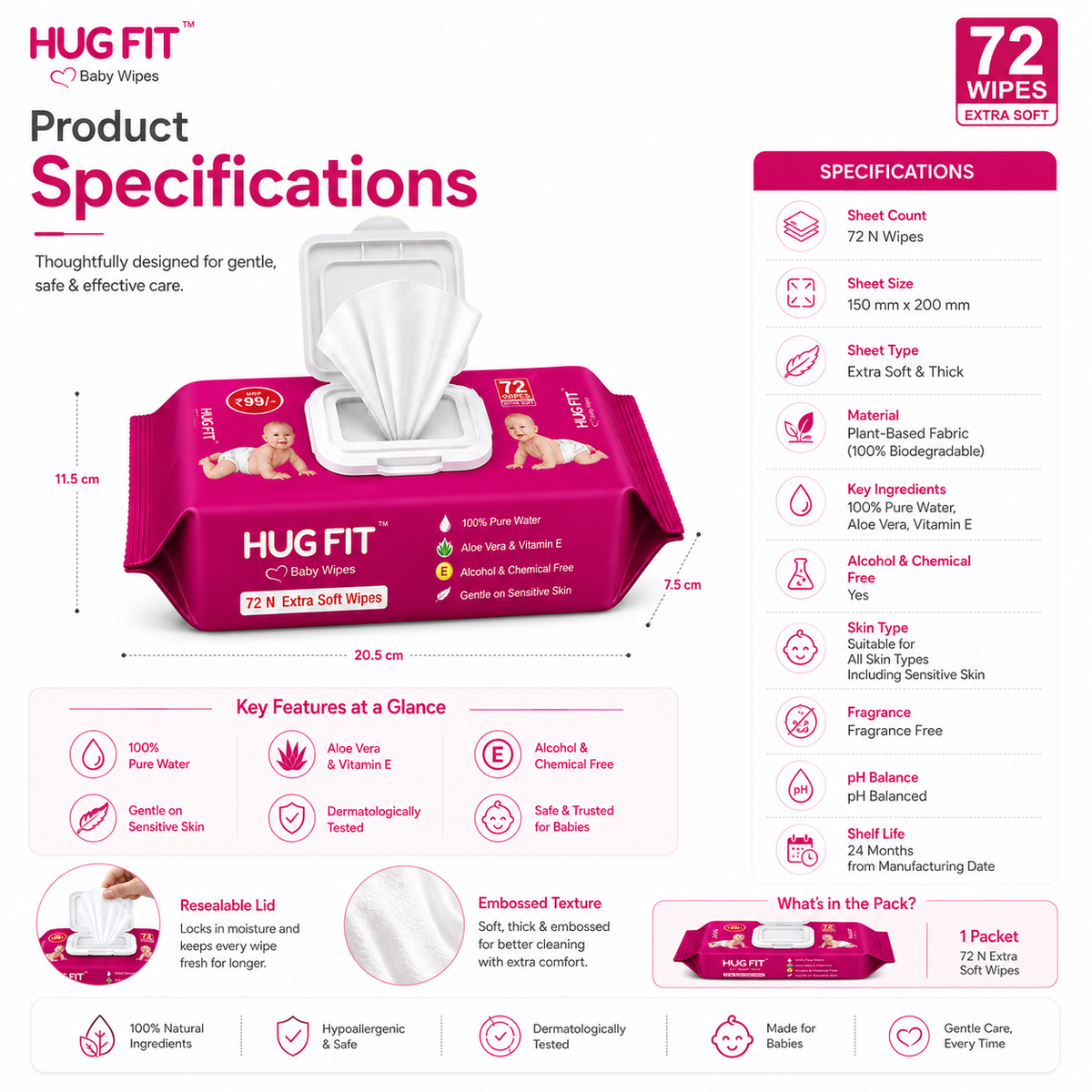 Hugfit Baby Wipes | Moisturizing & Nourishes Baby Skin | 100% Natural & Alcohol Free | Extra Soft & Thick | Aloe Vera & Vitamin E | 72 Wipes