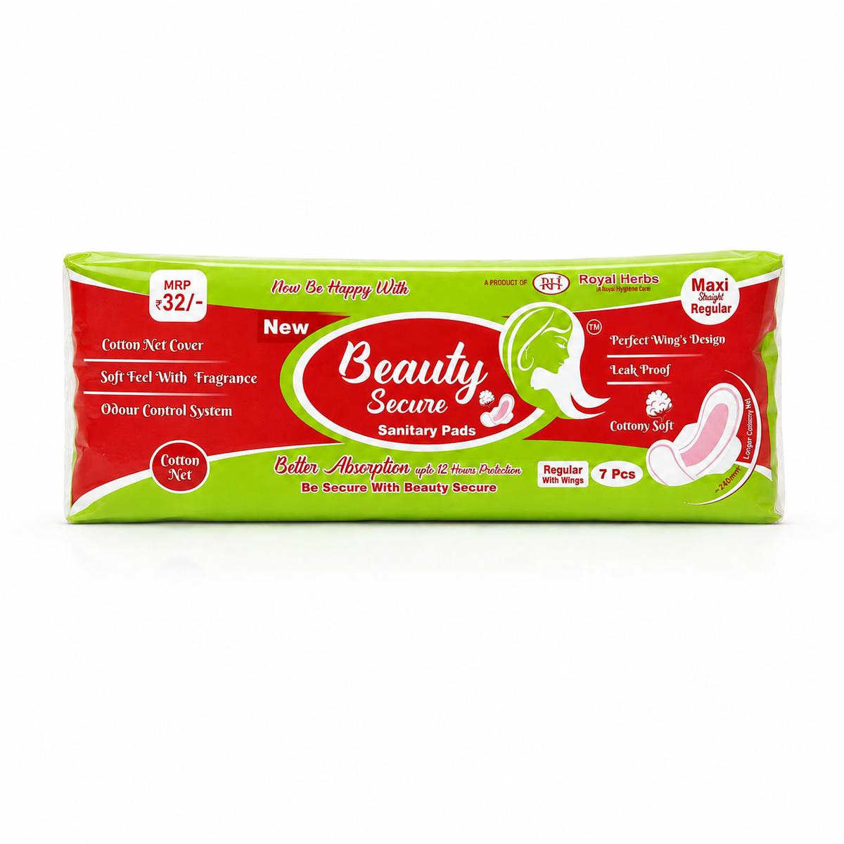 BeautySecure Sanitary Pads Maxi Straight Regular 240mm with Wings | Cotton Net Cover | Soft Feel with Fragrance | Odor Control System | Leak Proof | Up to 12 Hours Protection | Pack of 7 Pads