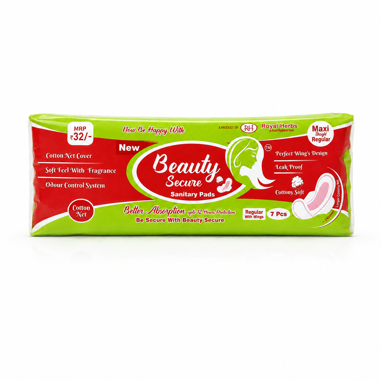 BeautySecure Sanitary Pads Maxi Straight Regular 240mm with Wings | Cotton Net Cover | Soft Feel with Fragrance | Odor Control System | Leak Proof | Up to 12 Hours Protection | Pack of 7 Pads