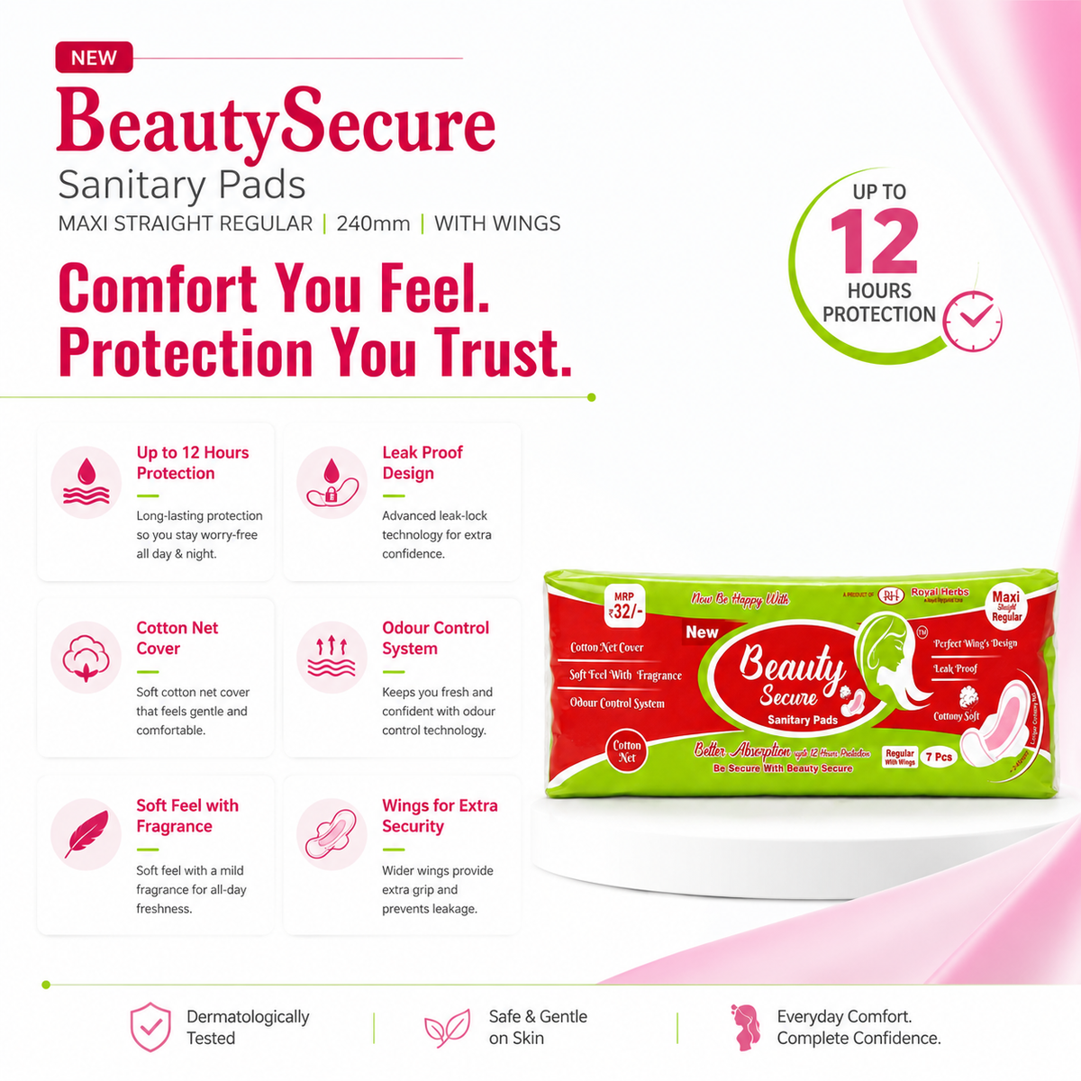 BeautySecure Sanitary Pads Maxi Straight Regular 240mm with Wings | Cotton Net Cover | Soft Feel with Fragrance | Odor Control System | Leak Proof | Up to 12 Hours Protection | Pack of 7 Pads