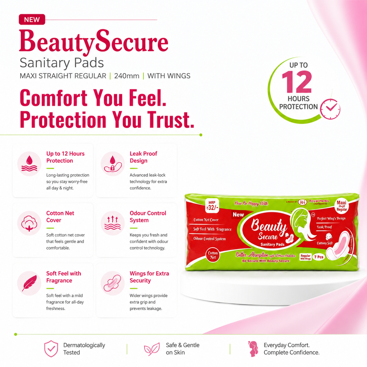 BeautySecure Sanitary Pads Maxi Straight Regular 240mm with Wings | Cotton Net Cover | Soft Feel with Fragrance | Odor Control System | Leak Proof | Up to 12 Hours Protection | Pack of 7 Pads