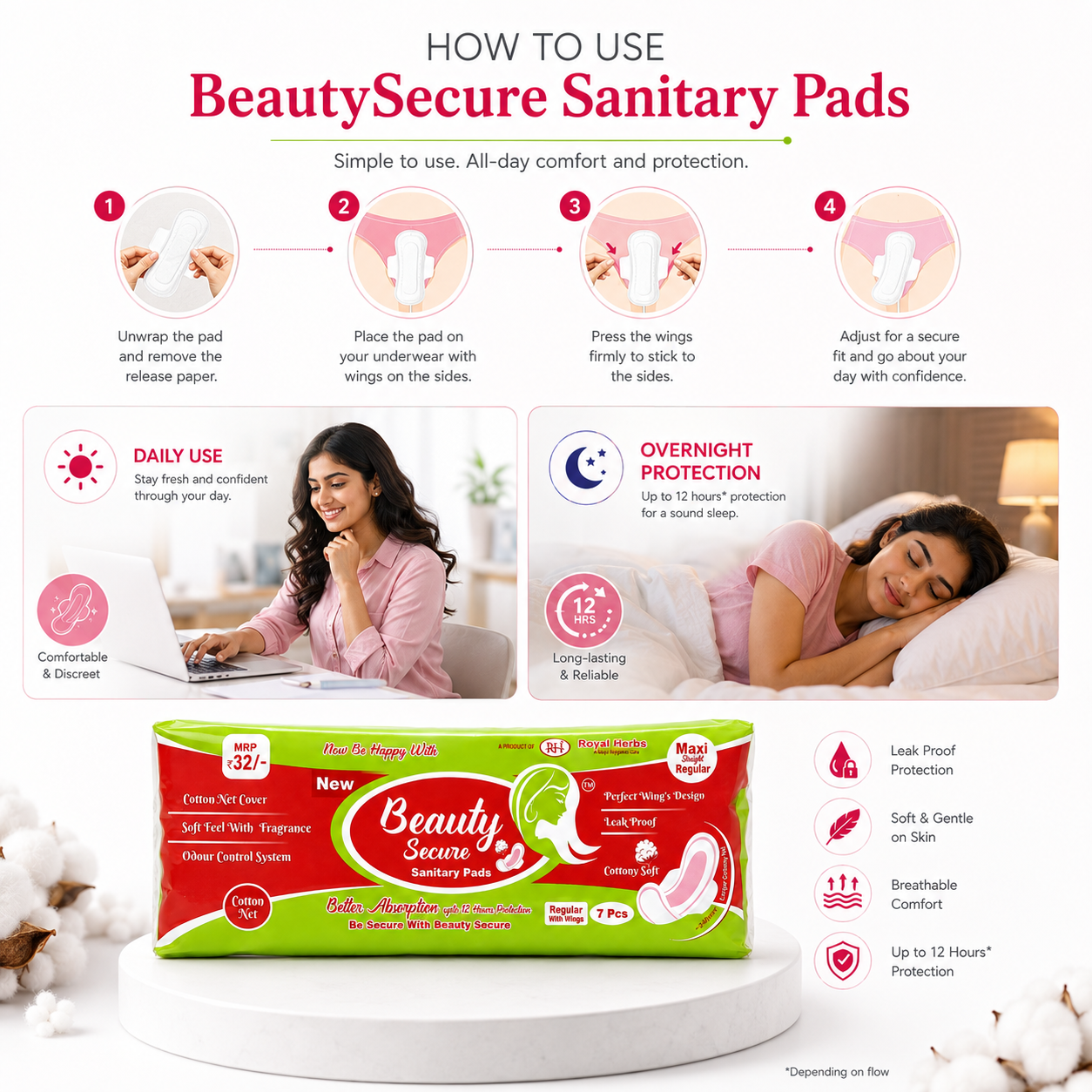 BeautySecure Sanitary Pads Maxi Straight Regular 240mm with Wings | Cotton Net Cover | Soft Feel with Fragrance | Odor Control System | Leak Proof | Up to 12 Hours Protection | Pack of 7 Pads