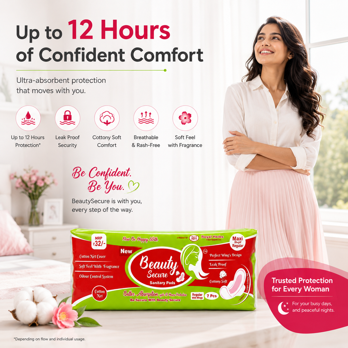 BeautySecure Sanitary Pads Maxi Straight Regular 240mm with Wings | Cotton Net Cover | Soft Feel with Fragrance | Odor Control System | Leak Proof | Up to 12 Hours Protection | Pack of 7 Pads
