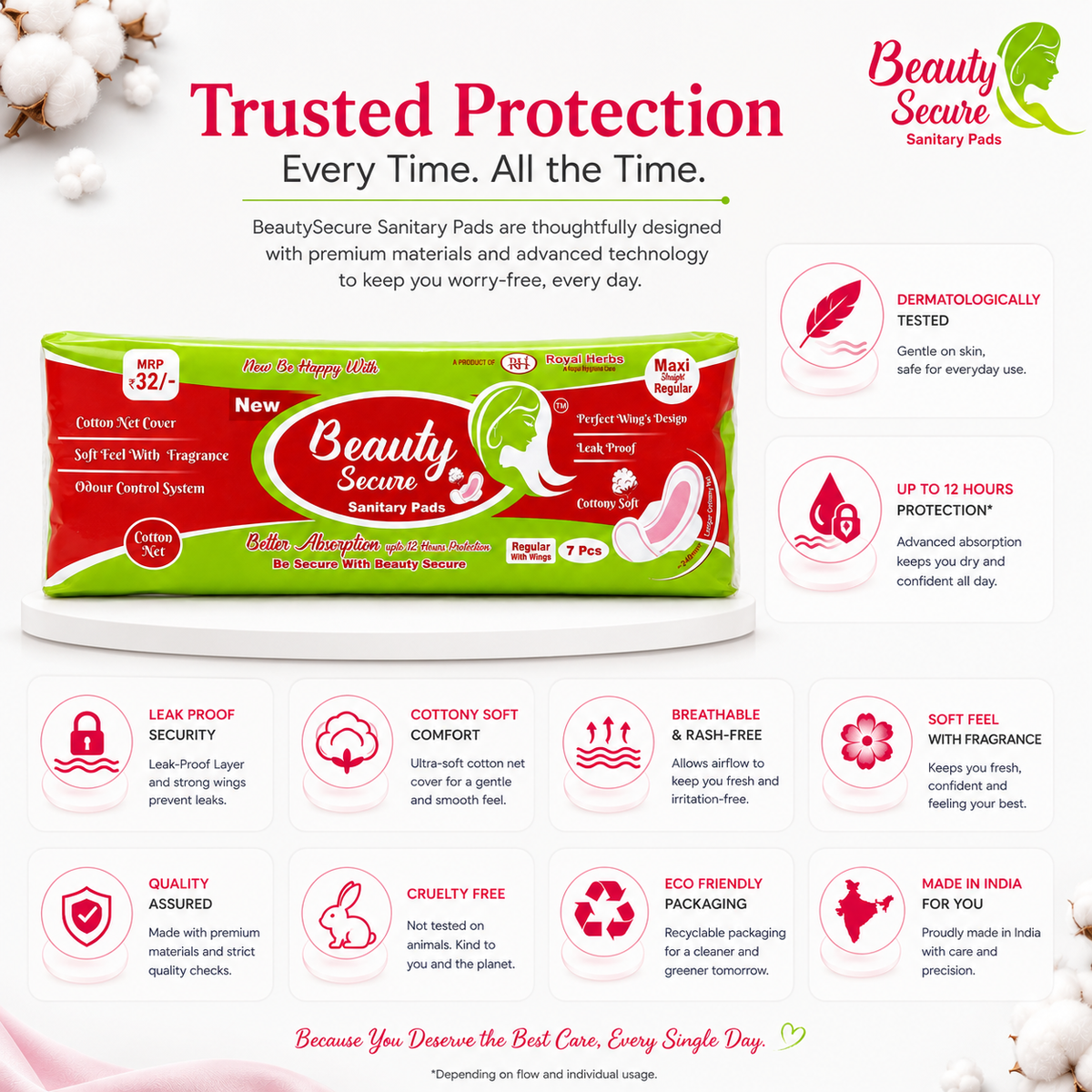BeautySecure Sanitary Pads Maxi Straight Regular 240mm with Wings | Cotton Net Cover | Soft Feel with Fragrance | Odor Control System | Leak Proof | Up to 12 Hours Protection | Pack of 7 Pads