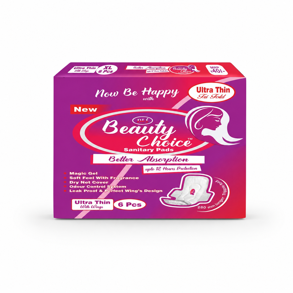 Beauty Choice Ultra Thin Sanitary Pads Extra Large 280mm with Wings | Dry Net Cover | Soft Feel with Fragrance | Odor Control System | Leak Proof | Up to 12 Hours Protection | Pack of 6 Pads