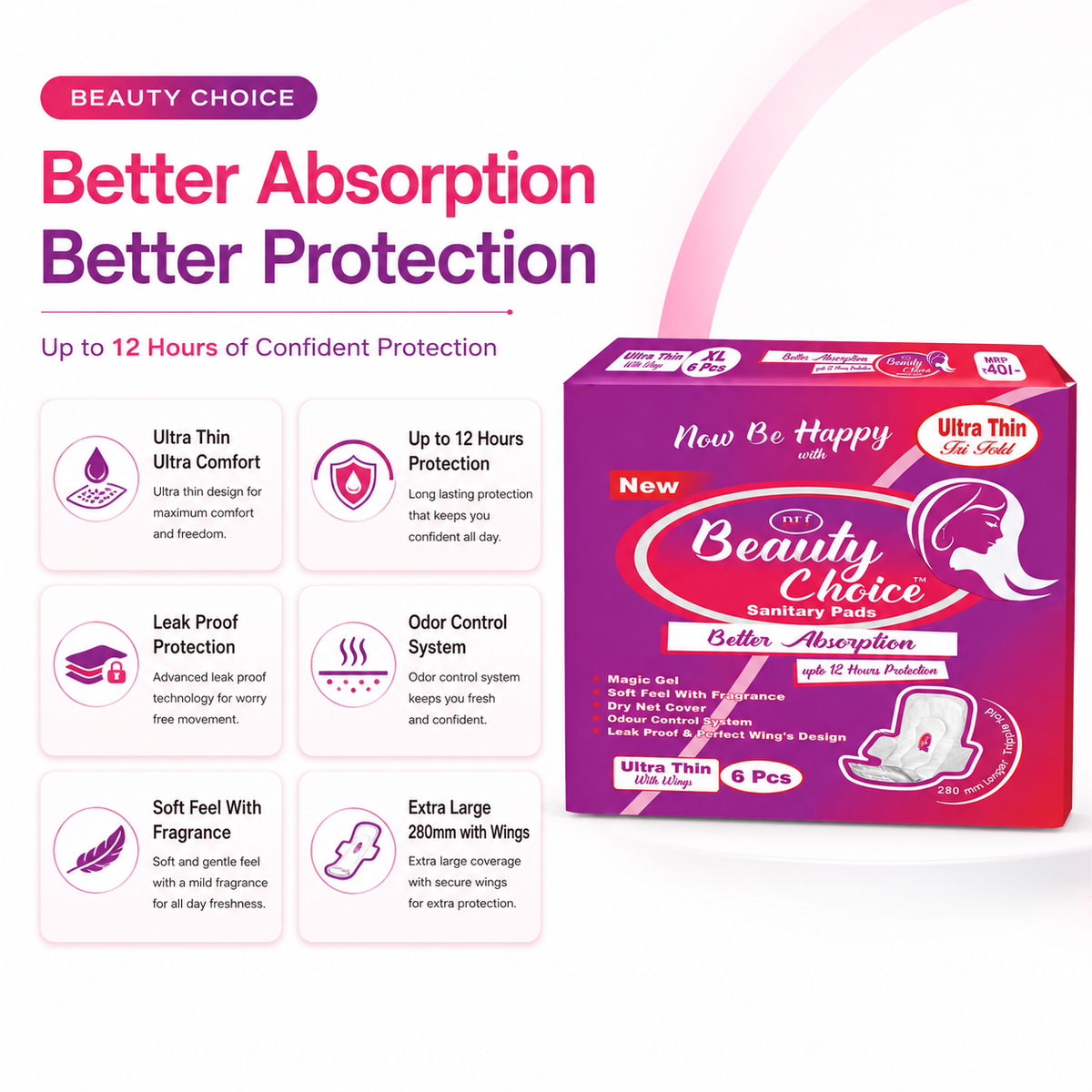 Beauty Choice Ultra Thin Sanitary Pads Extra Large 280mm with Wings | Dry Net Cover | Soft Feel with Fragrance | Odor Control System | Leak Proof | Up to 12 Hours Protection | Pack of 6 Pads